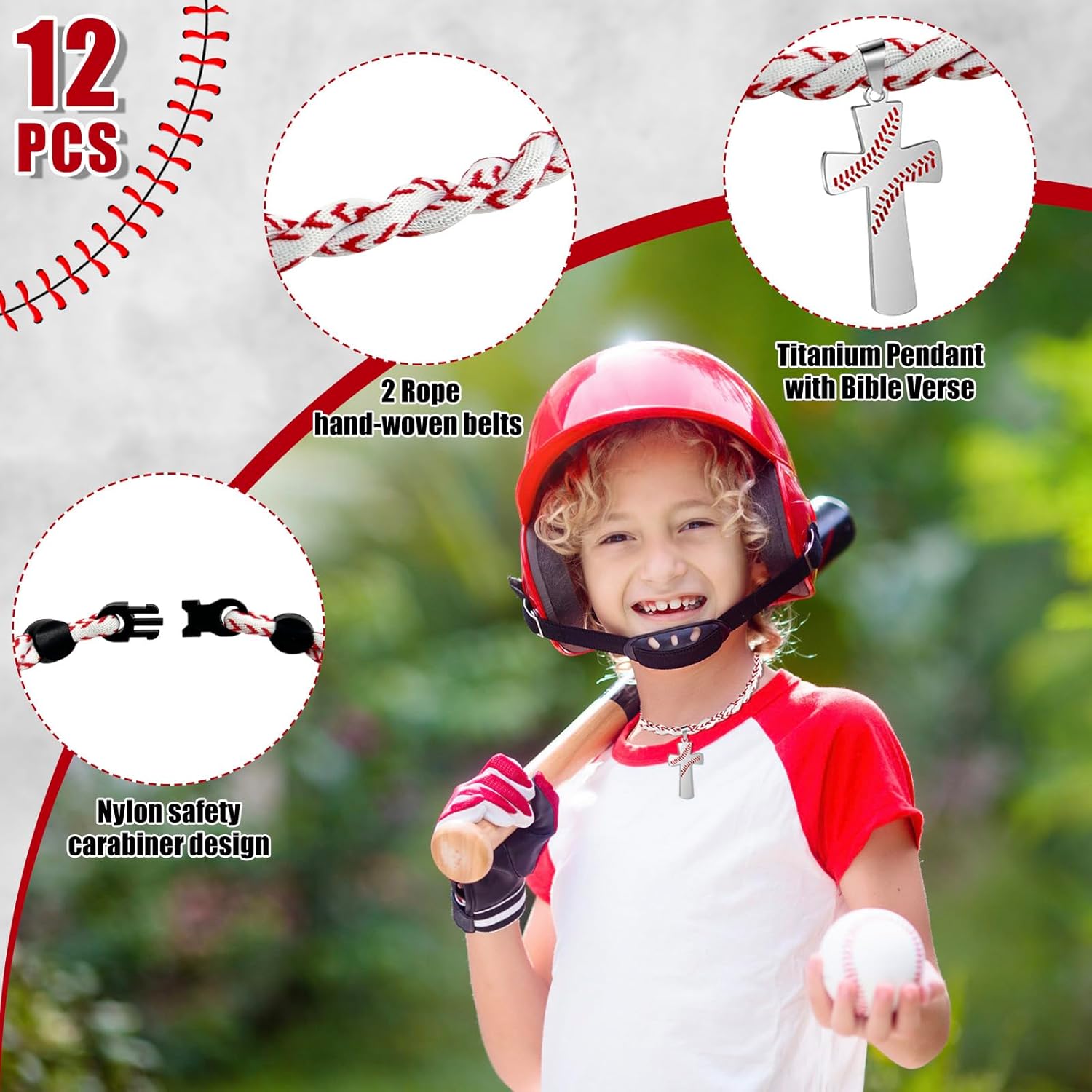 12 Pack Baseball Necklace, Boys Baseball Necklace, 2 Strand Cord Tornado Cross Titanium Necklace, Baseball Team Encouragement Gifs - Image 4