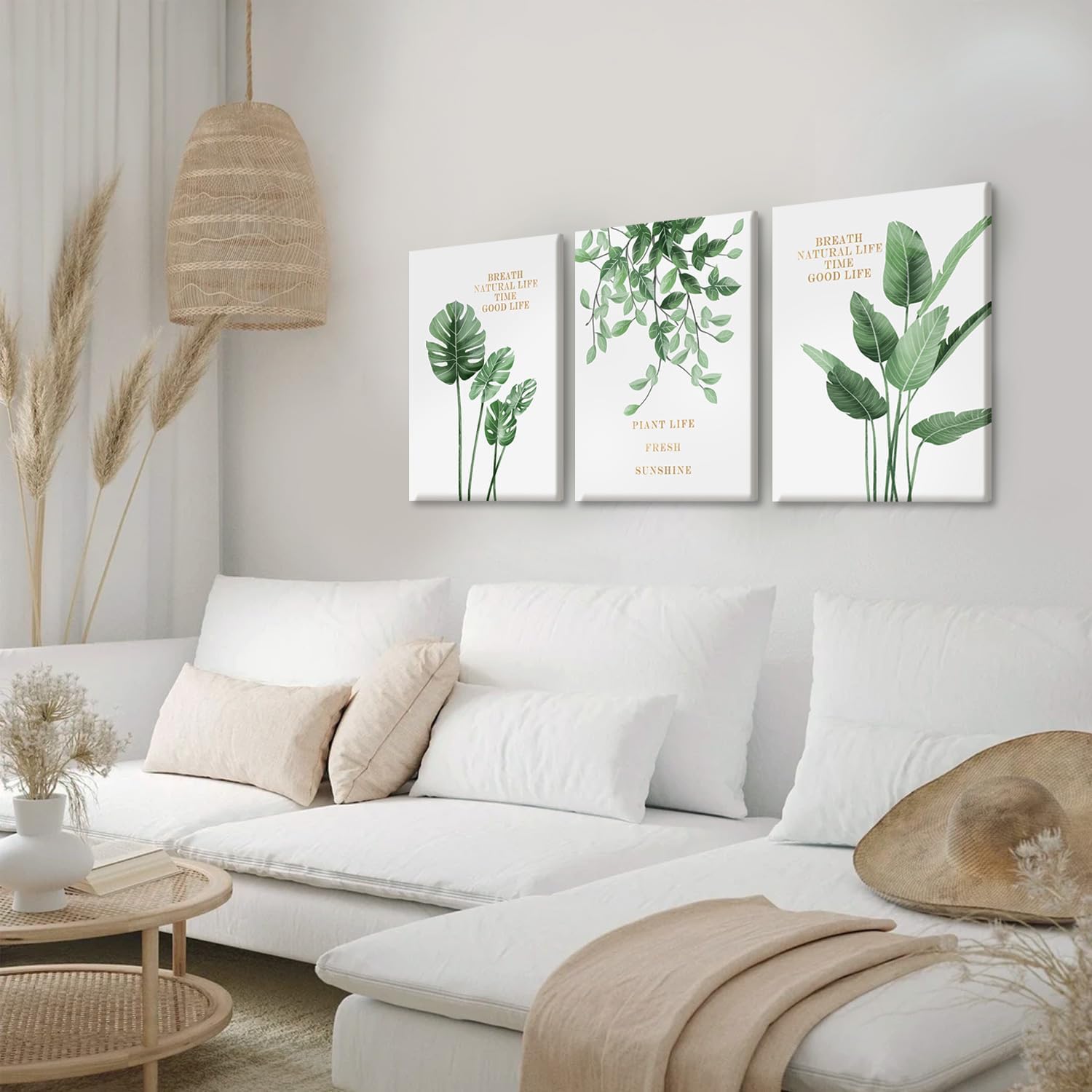 EHNTNNMA 3 Pcs Of Green Palm Leaf Canvas Wall Art High-Definition Plant Inspirational Posters Images Minimalist Natural Plant Prints For Living Room Bedroom Bathroom Office 16 X 24 Inch Framed