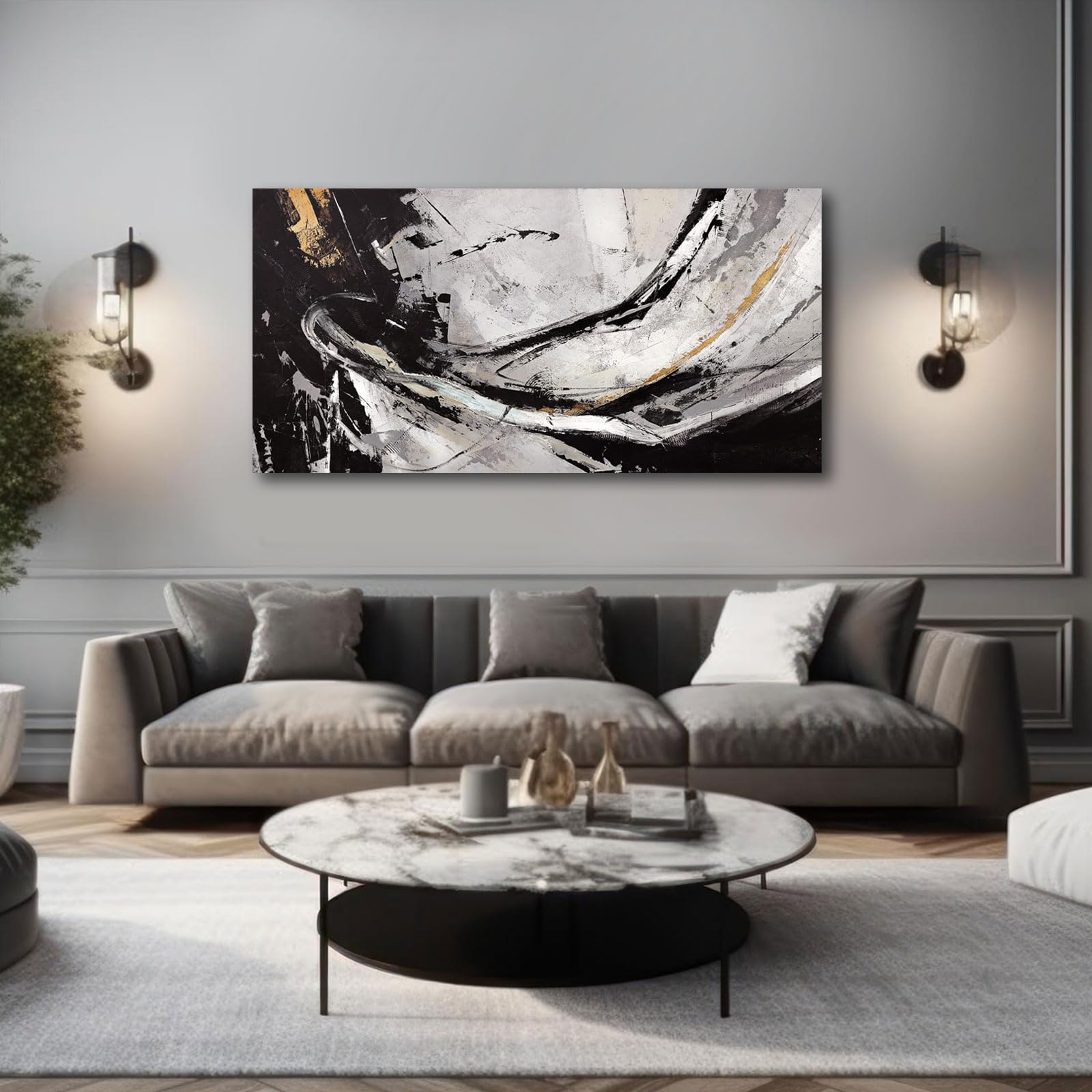 XIANSHOU Black and White Wall Art for Living Room/ 24x48 Inches Abstract Painting/Modern Artwork for Bedroom Home Office Wall Decorations