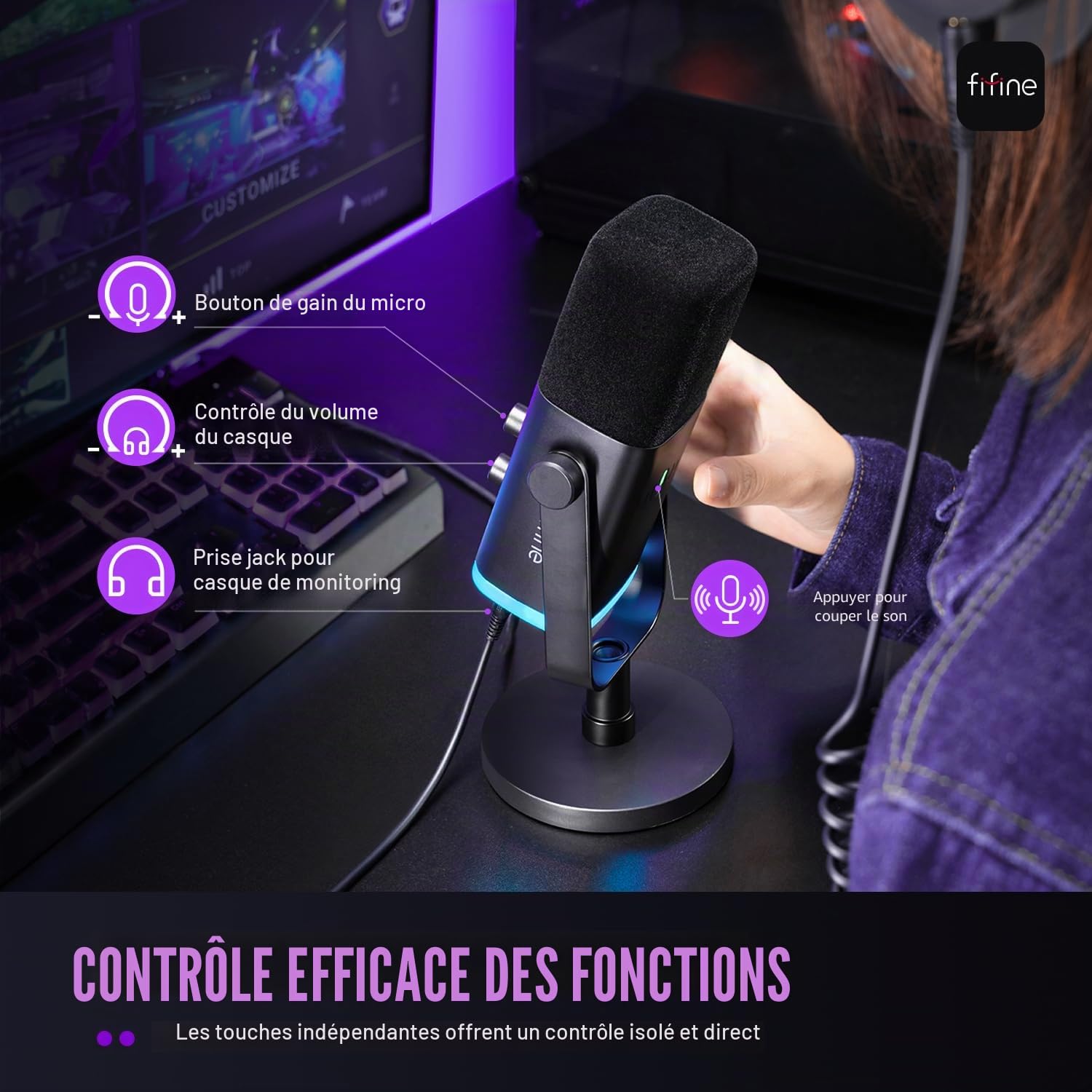 FIFINE Microphone dynamique USB/XLR pour enregistrement de podcast, microphone de jeu sur ordinateur PC avec lumière RVB, bouton muet, prise casque, support de bureau, micro vocal pour chanter