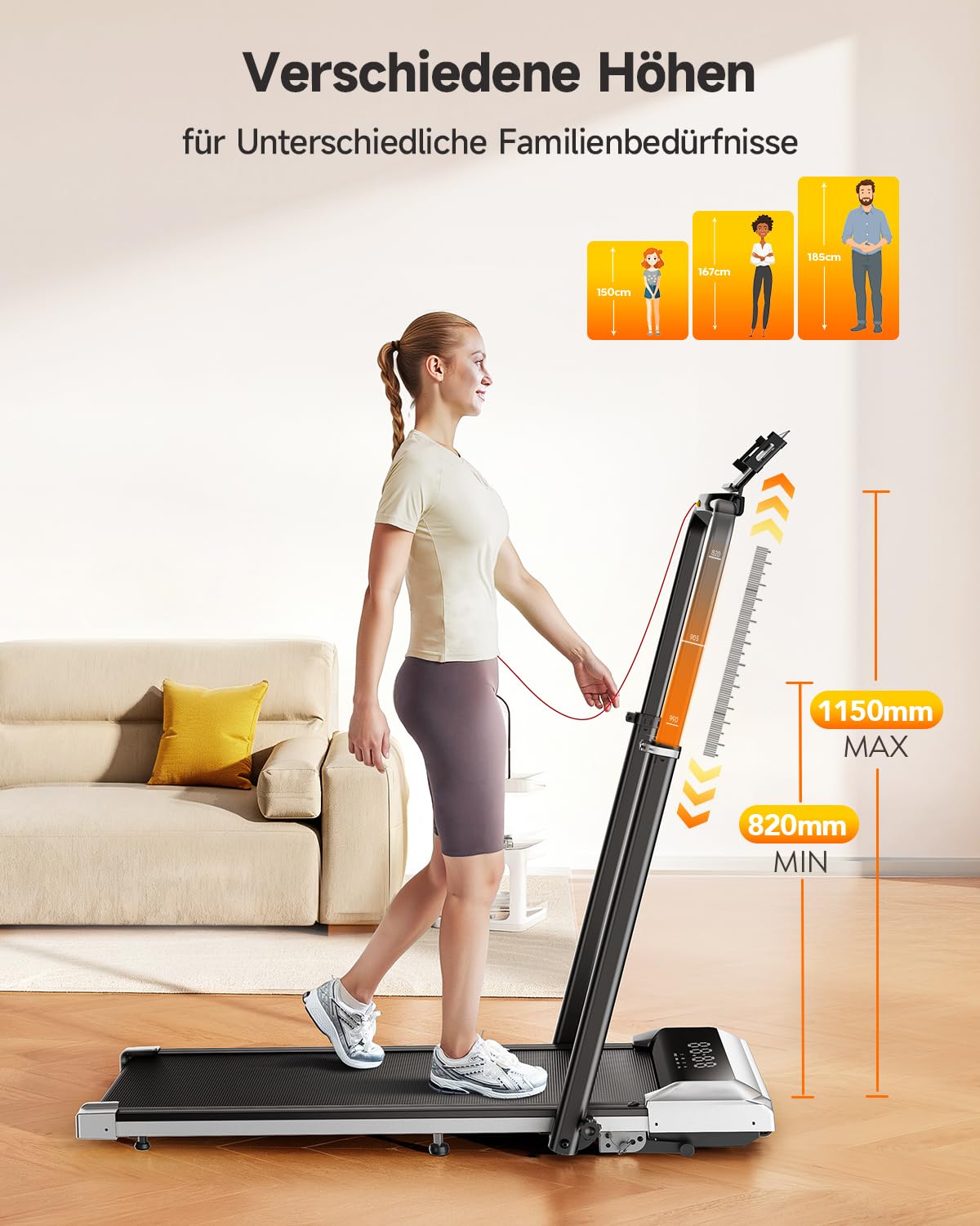 Laufband für Zuhause mit 12% Steigung, 12km/h, 6 in 1 Walking Pad, Klappbar Laufband mit 1150MM Einziehbares Steigrohr, 95°/105° Drehbarer Steigrohr, 2.5HP Leiser Motor, Fernbedienung und App