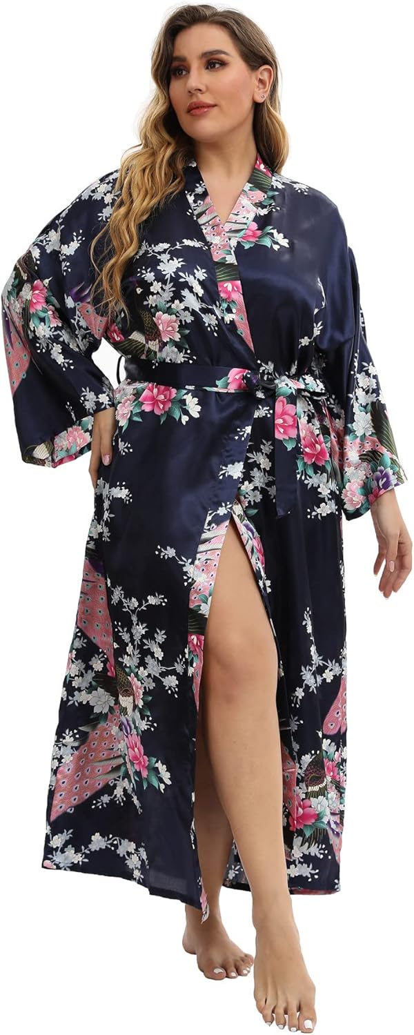 Women's Floral Long Satin Robes Plus Size Long Silk Robes Peacock Floral Kimonos Sleepwear Dressing Gown - Image 4