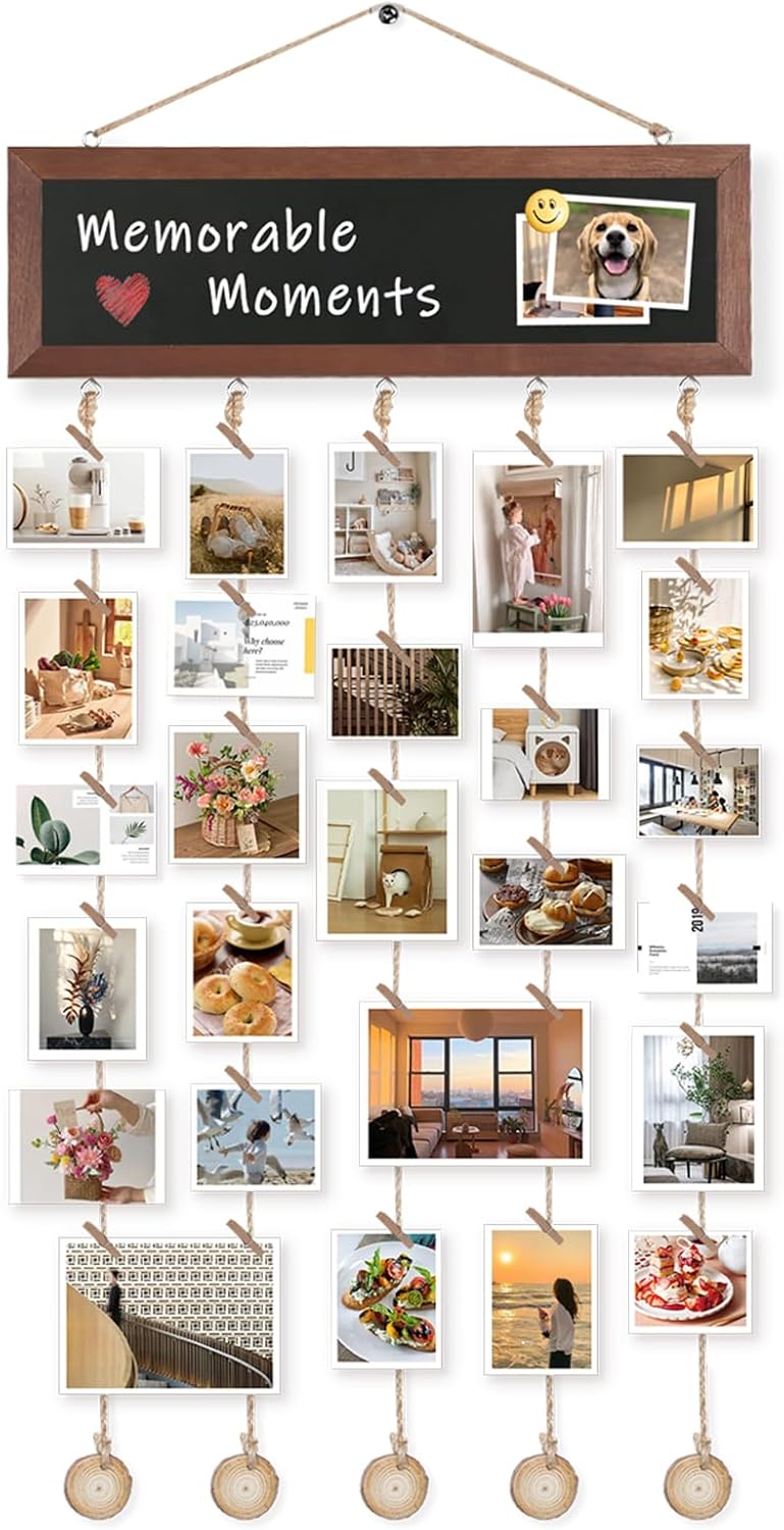 QUEENLINK Hanging Photo Display with 30 Clips and Blackboard, Rustic Wood Picture Frames Collage for Wall Decor, Vintage Dorm Room Bedroom Home Decor, Gifts for Women, Teens and Girls