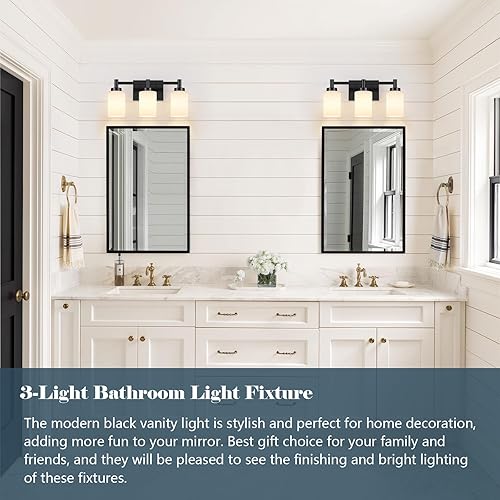 Miniatura 5 de 3-Light Bathroom Vanity Light Fixtures Over Mirror, Rustproof Vanity Lights for Bathroom, Modern Black Bathroom Lights Wall Mount with Milky White