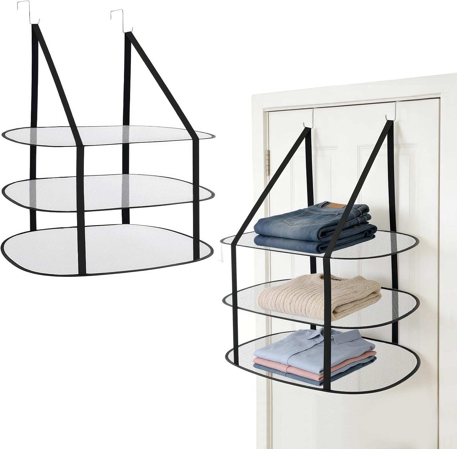 Tiiyee 2 Pcs 3 Tier Sweater Drying Rack Foldable Flat Over The Door Drying Rack, Hanging Sweater Dryer Folding Flat Mesh Clothes Dry Hanger Large Lay for Small Spaces Apartments Dorms Bathrooms