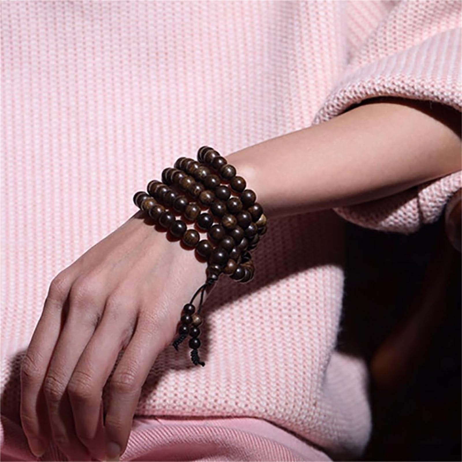 Pulsera unisex de madera de agar natural de 8 mm, 108 cuentas, hecha a mano, de sándalo, para meditación y relajación