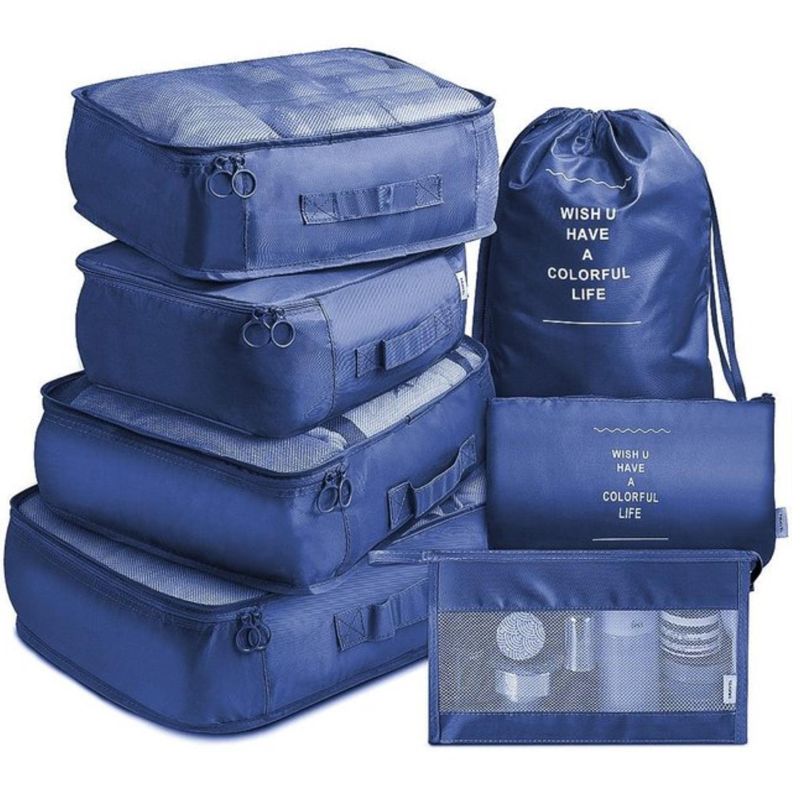 Set da 7 Pezzi Organizzatore da Viaggio Borse portaoggetti Valigia Cubo da imballaggio Bagagli Portatili Custodia per Biancheria Intima-Blu Scuro 7 Pezzi A