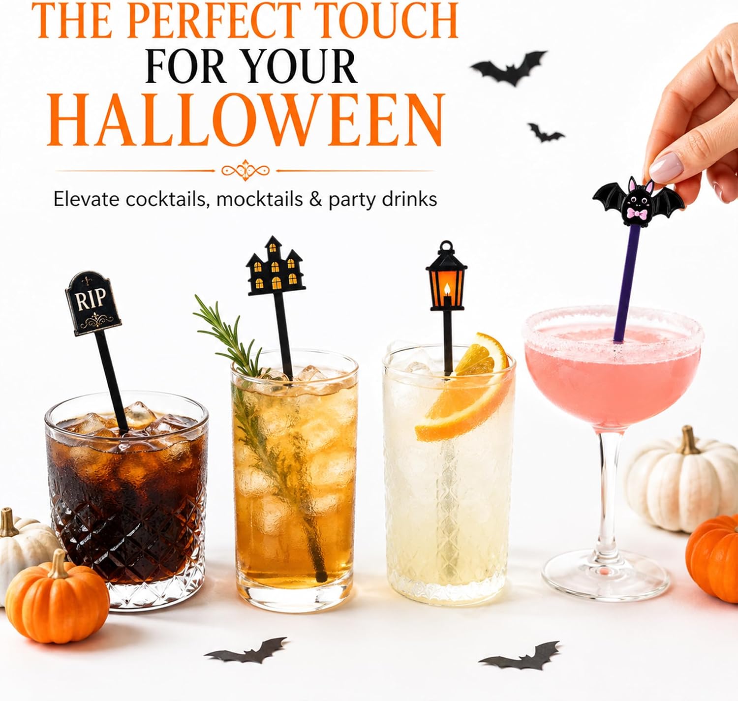 36 Pack Halloween Cocktail Stirrers, 7.1in Swizzle Sticks, 4 Spooky Designs