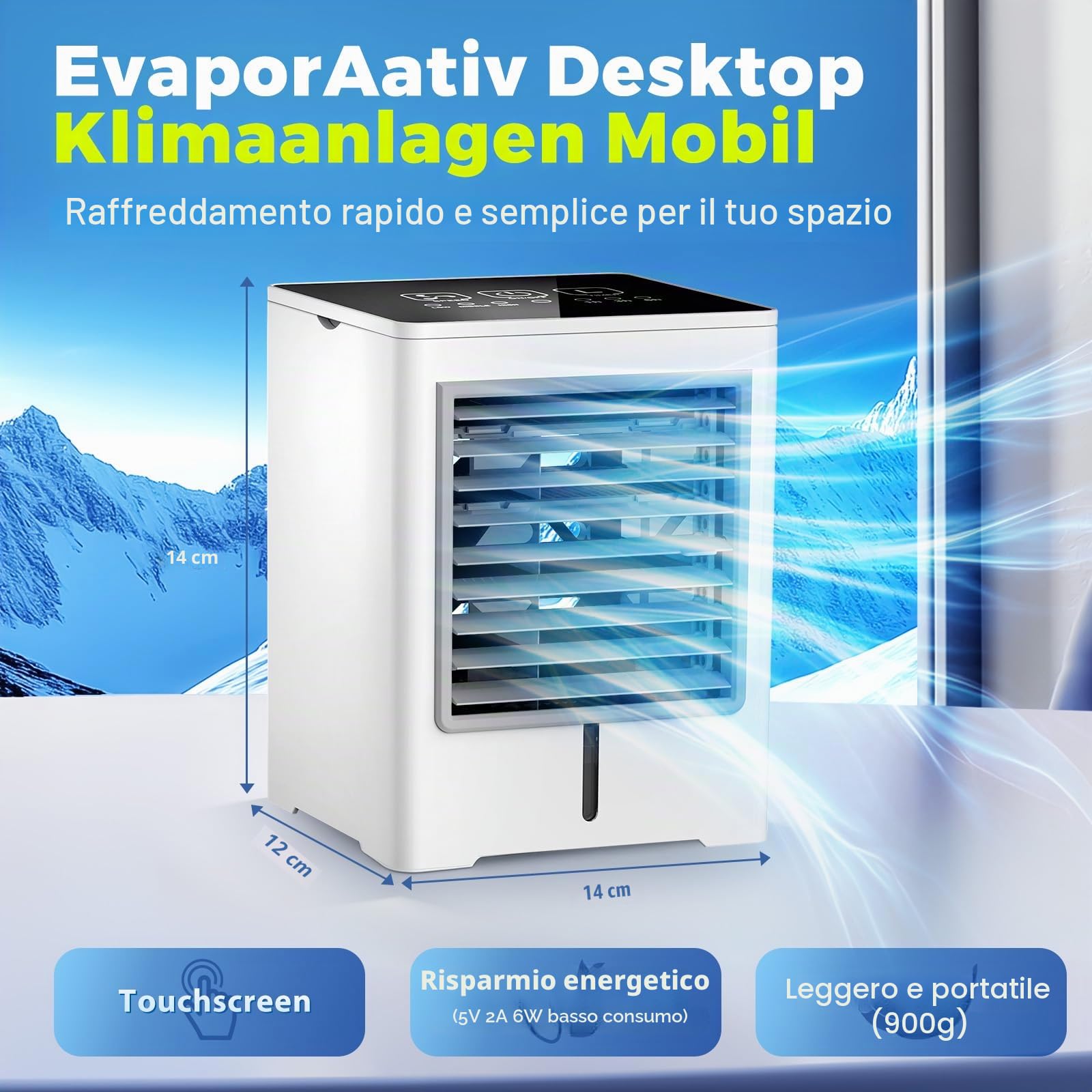 Condizionatore Portatile, Climatizzatore Raffrescatore d'Aria ad Acqua | 470ML, 3 in 1 Alimentazione USB, 3 Velocità, Timer, Schermo Tattile, Aria Condizionata senza Tubo per Uso Personale, Ufficio
