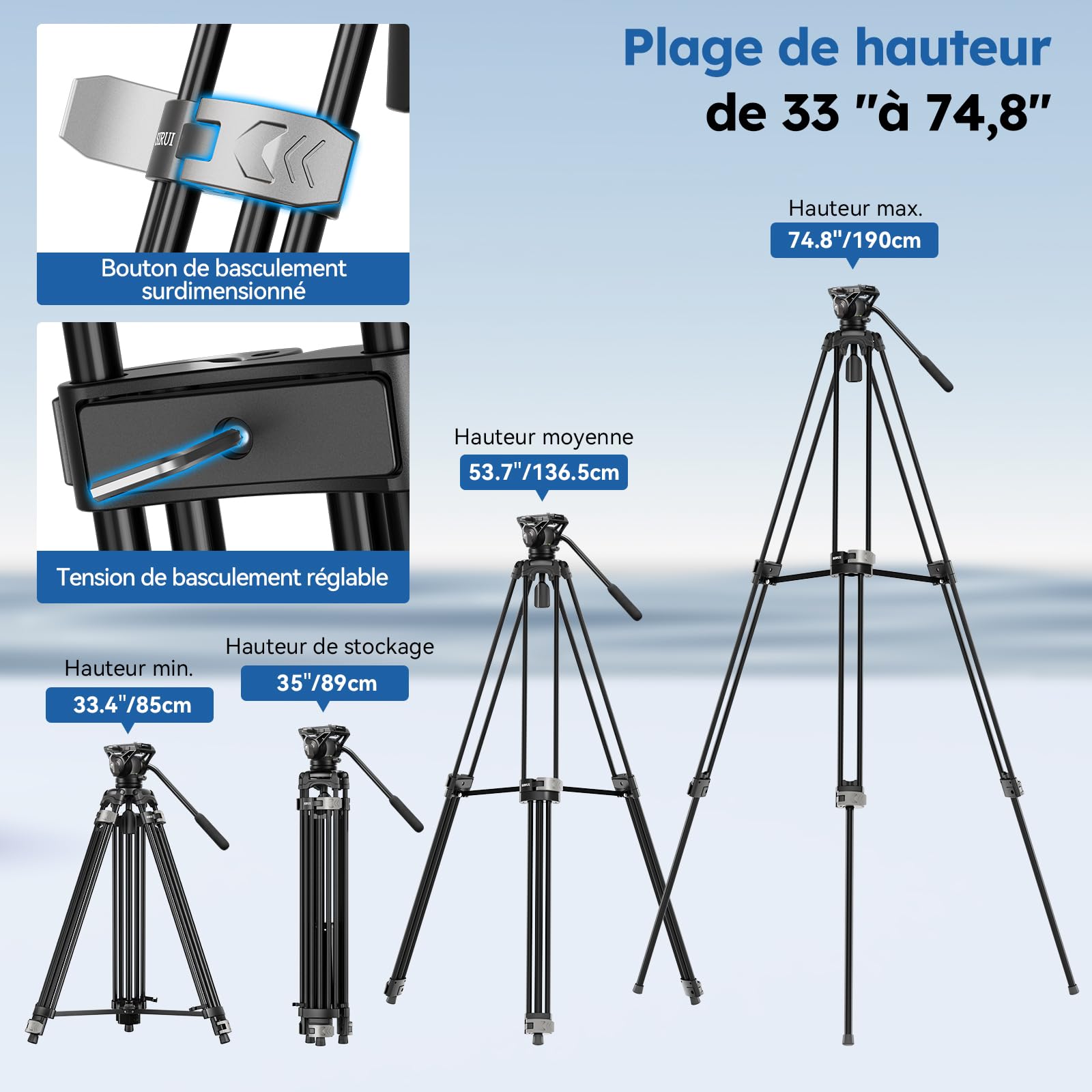 Trépied vidéo Robuste SIRUI avec tête Fluide – Construction Durable en Alliage d'aluminium, Hauteur réglable pour Un Enregistrement vidéo Fluide, Support Stable 22,0 LB (AVT-02)