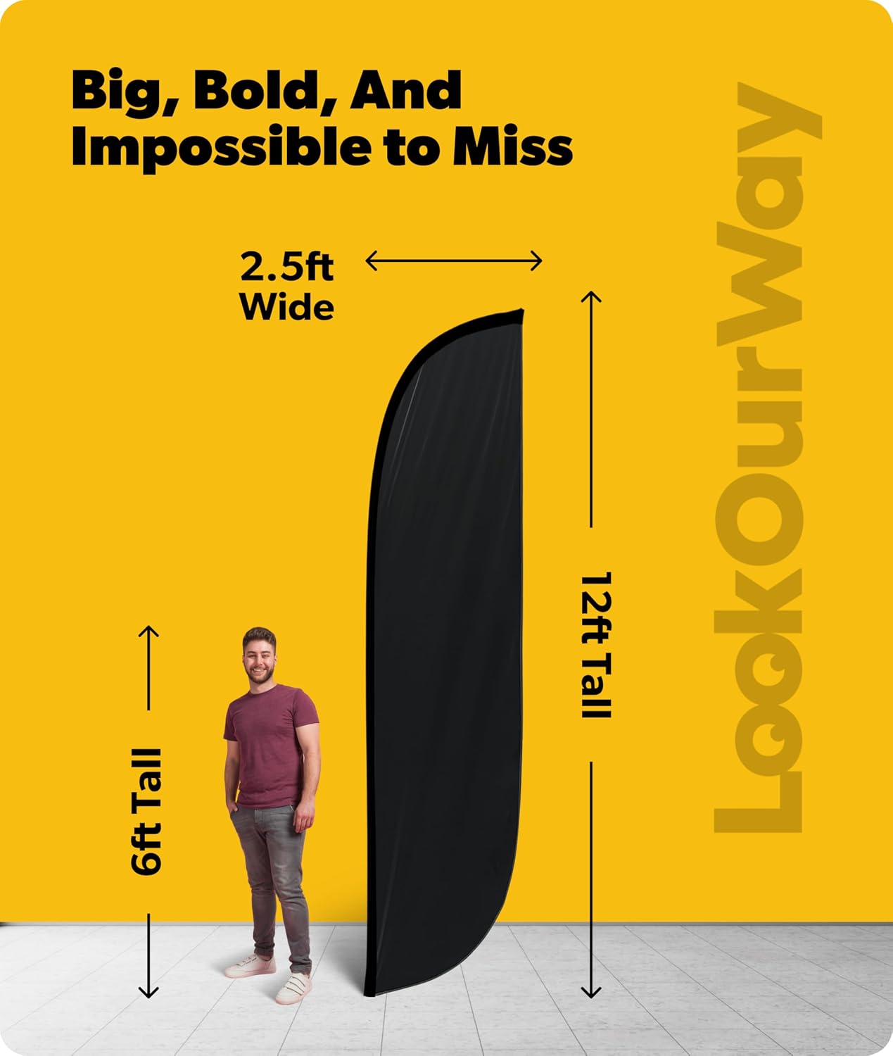 LookOurWay Feather Flag Banner - 12 Feet Tall Advertising Flags for Outdoor Business and Events Promotion - Swooper Flag Only - Solid Color Flags - Black (10M1200295)