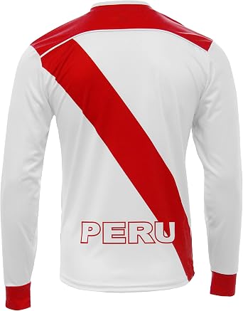 ARZA Sports Mens PeruInspired Long Sleeve Soccer Fan Jersey White/Red Performance Shirt Sash Design