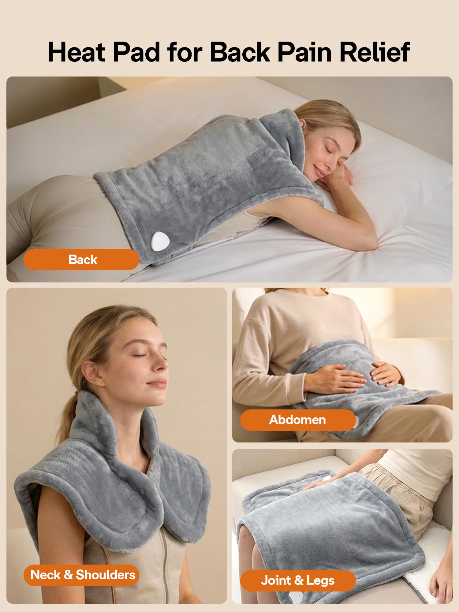 Coussin chauffant pour soulager les maux de dos, 24" x 33", coussin chauffant pour le cou et les épaules, chauffage rapide avec 6 réglages, arrêt automatique, cadeau pour femme - lavable (Moyen)