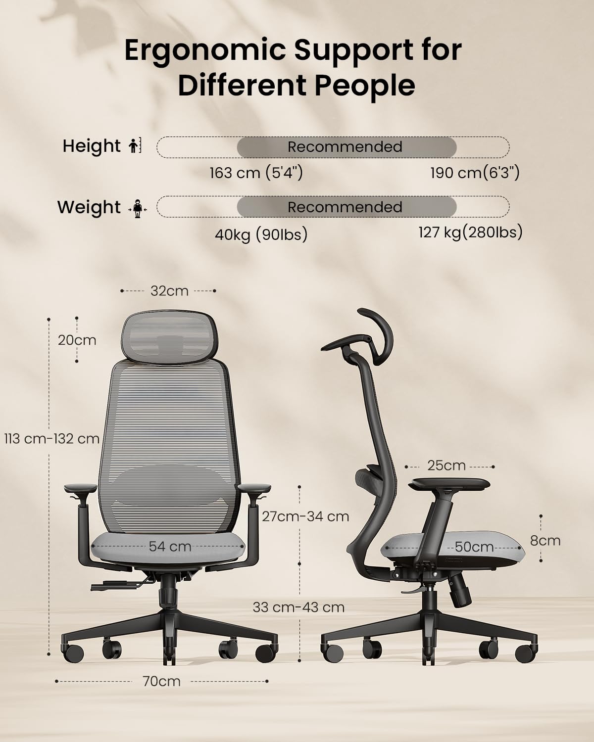 ProtoArc EC200 ergonomiczne krzesło biurowe, z regulacją wysokości i głębokości, podparcie okolic lędźwiowych, głębokość siedziska, regulacja wysokości, zagłówek 3D, krzesło komputerowe do biura