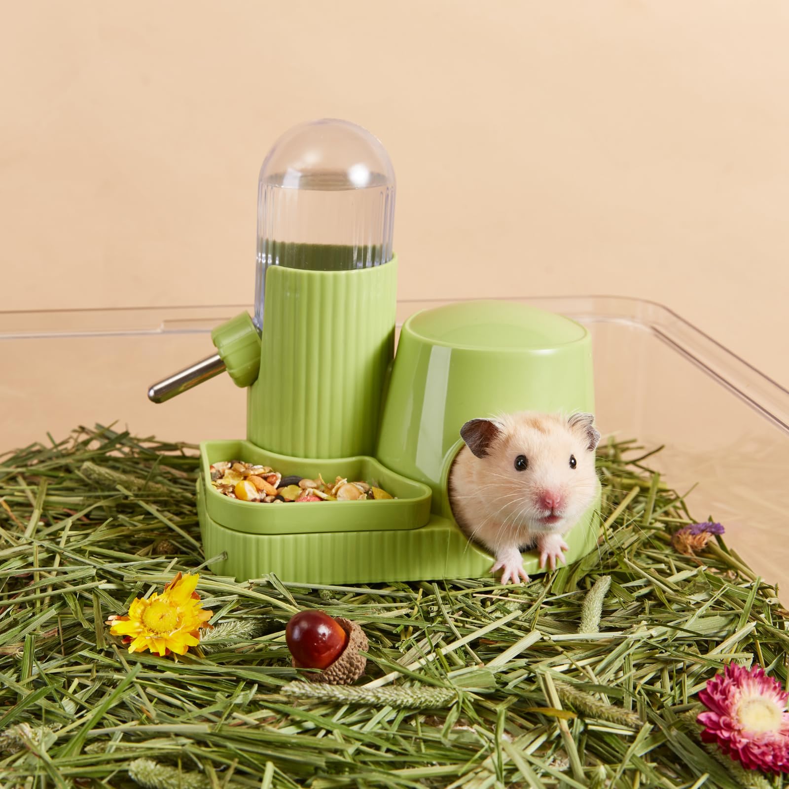 Bebedero 3en1 para Hámster Dispensador Automático Antifugas con Comedero y Base Escondite para Gerbil Rata Hámster Enano Ratón (Verde, 100ml) — view 3