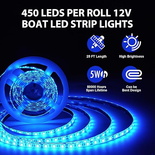 Miniatura 3 de Tira de luces LED marinas de 25 pies, tira de luces LED marinas de 12 V, impermeable, luz interior para kayak, barco Jon, lanchas de lubina, barcos