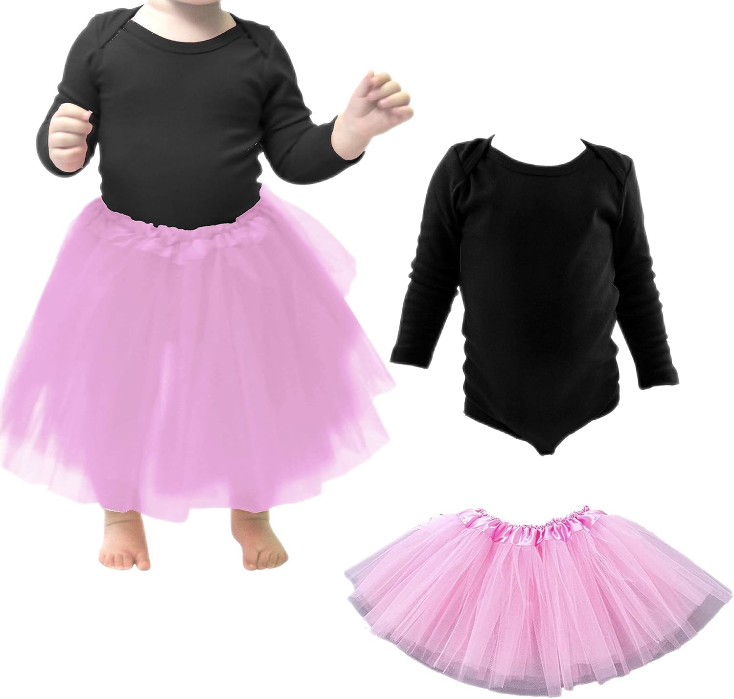 COUVER Baby Toddler Long Sleeve Lap Shoulder Solid color Bodysuit Onesie+3Layer Pink Tutu