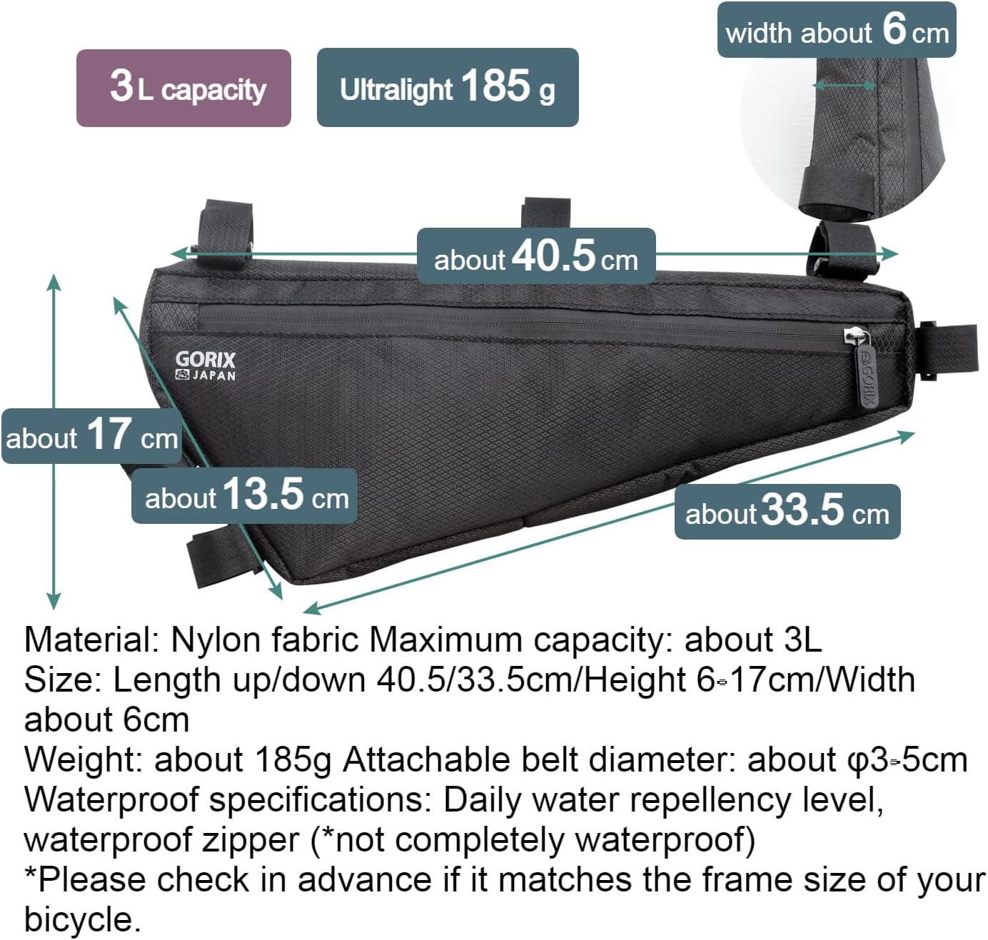 GORIX Bike Triangle Bag Frame Bag Top Tube Bag 3L Waterproof Cycling Road Mountain Bicycle (GX-FB WEB)