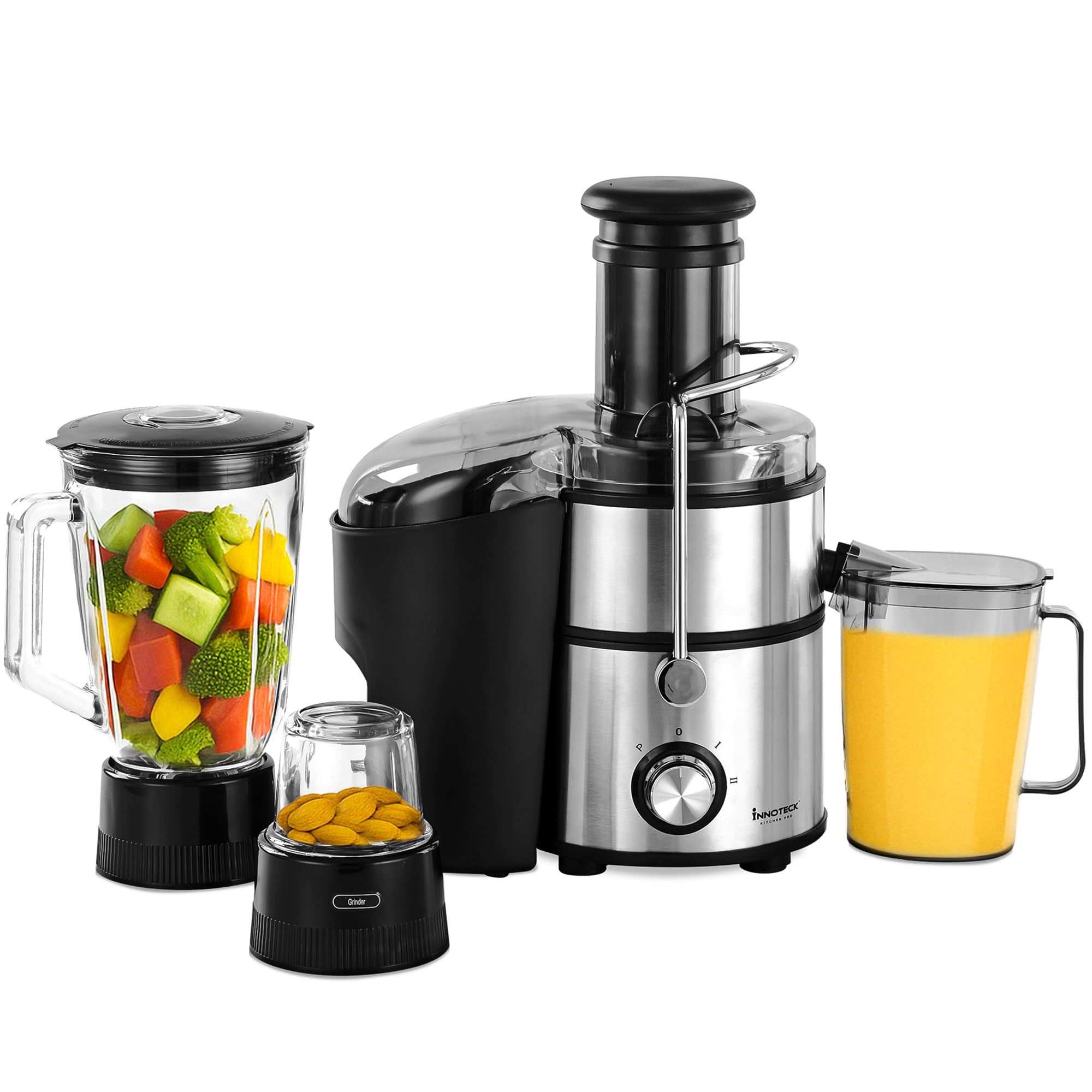 Innoteck Kitchen 3 in 1 Juicer Blender Grinder with 2L Glass Jug 800W Stainless Steel Blades with Pulse Function Lock On Feed Opening for Vegetables Fruits, Ice, Spices, Smoothies & Coffee