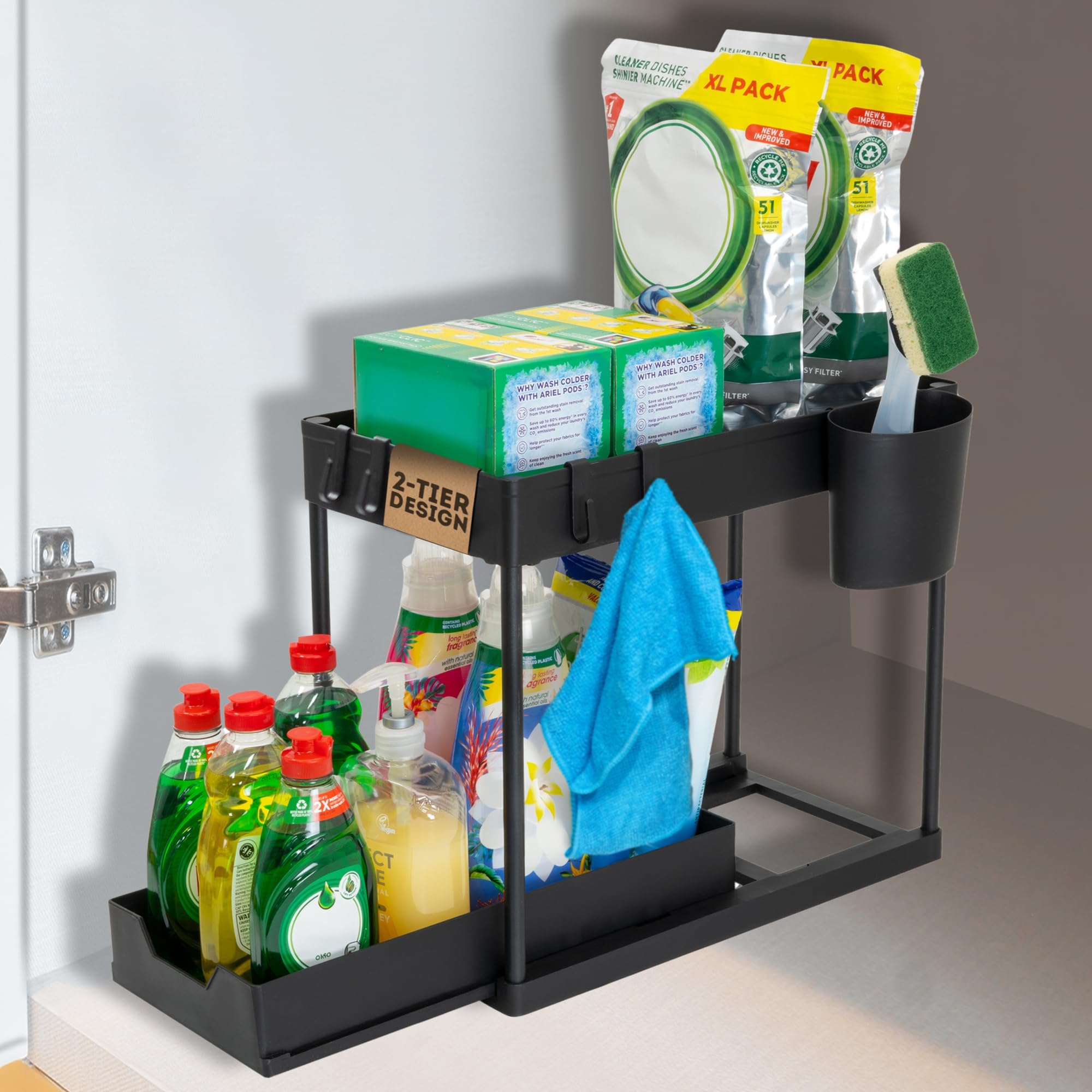 Coselena 2-Tier Under Sink Storage Organiser – Durable Slide-Out Cupboard Organiser with Easy-Access Drawers – Multi-Purpose Under Sink Organiser for Kitchen Storage & Organisation - Black