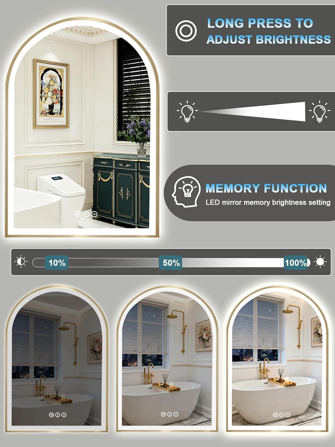 Gold Arch Mirror with Lights, 24x36 Inch Led Mirror for Bathroom, Wall-Mounted Mirror with Anti-Fog, Memory Function, 3 Color Temperature, Dimmable Led Bathroom Mirror