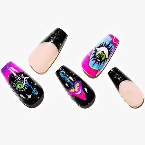 GLAMERMAID Gothic Devil Eyes - Uñas postizas a presión de ataúd mediano, 24 piezas de uñas postizas acrílicas largas negras con purpurina,