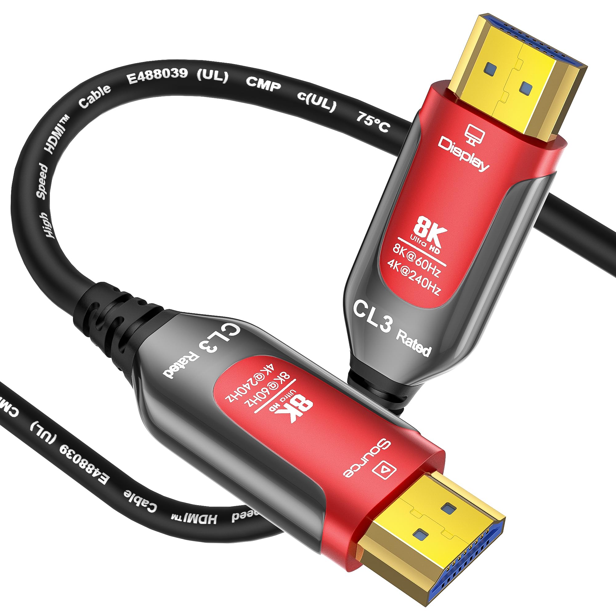 Cable HDMI 8K CL3, cable HDMI 2.1 largo de fibra óptica de 48 Gbps, cable HDMI 2.1 largo en pared CL3 para tuberías, 8K a 60Hz 4K a 240Hz dinámico eARC/HDCP 2.2 y 2.3 compatible con HDTV, consolas de