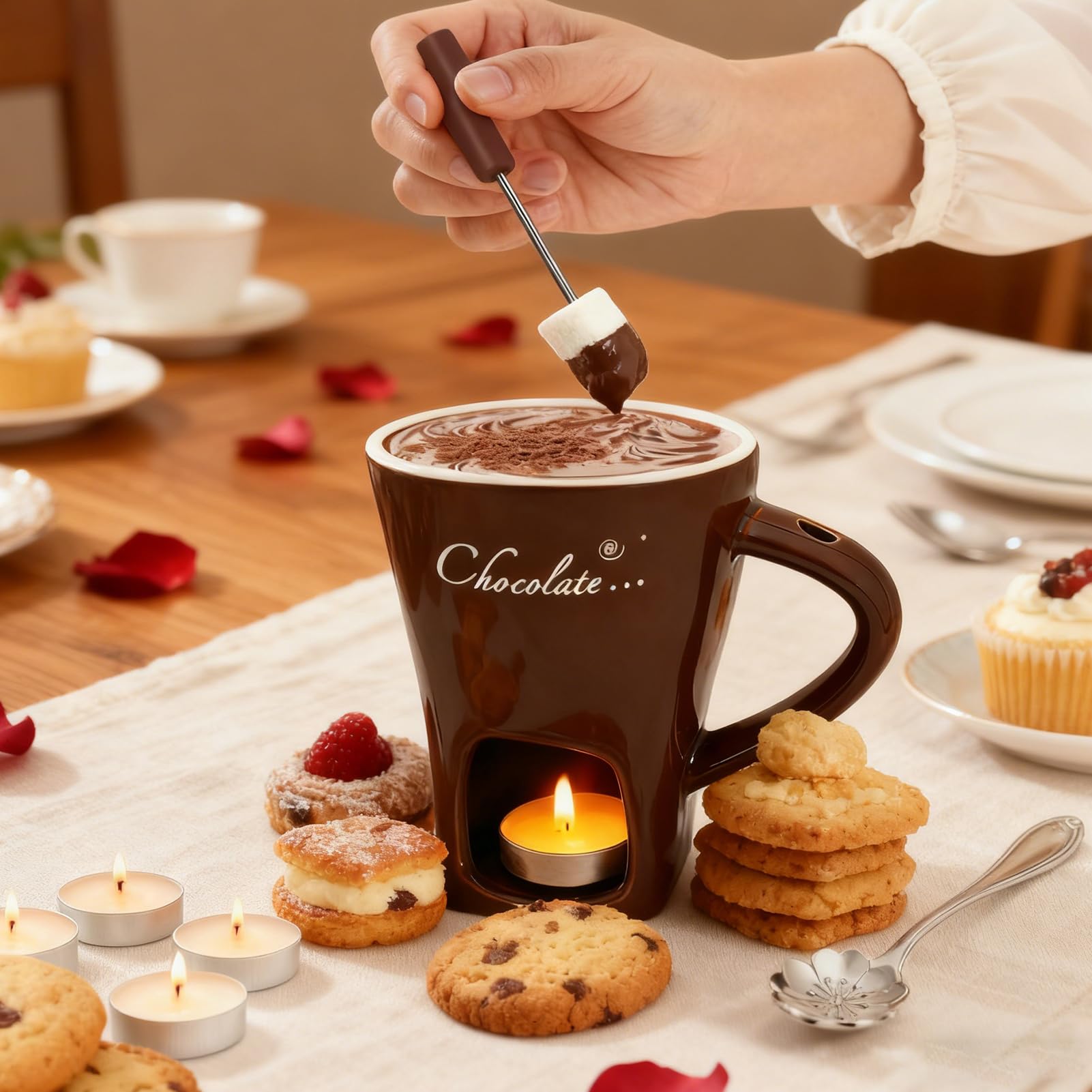 Set per fonduta di Cioccolato 200 ml in Ceramica con forchetta e tealight Marrone
