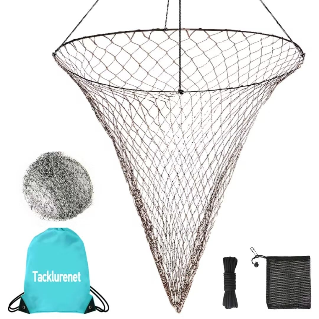 Foldable Drop and Pier Fishing Net, Portable Bridge Net,Crab Bait Shrimp Net with Bucket Soft Steel Hoop and 32FT Rope Storage Bag