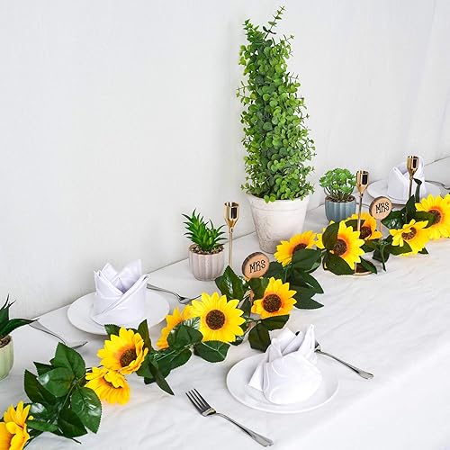Miniatura 7 de DearHouse Paquete de 3 guirnaldas de girasoles artificiales de seda con hojas verdes para mesa de boda, decoración del hogar