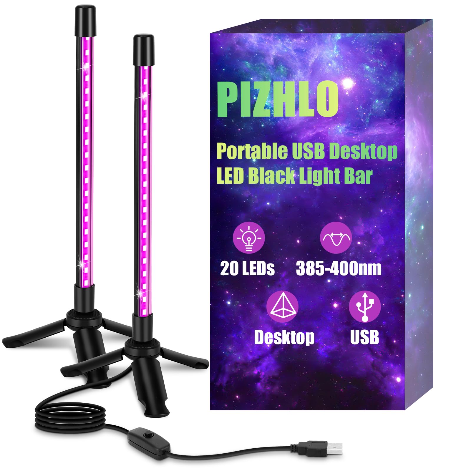 PIZHLO Portable USB Premium LED Black Light, Desktop Stand Blacklight with 5ft Cord+Switch, Glow in The Dark for Halloween, Party, Birthday, Body Paint, Fluorescent Poster, Bedroom(2 Pack)