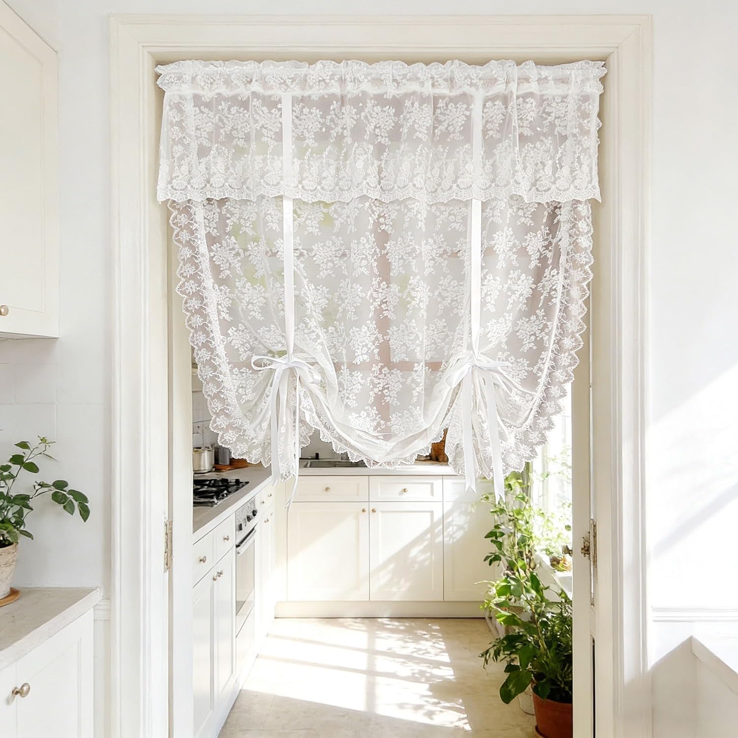 1 Panel Elegant White Lace Sheer Tie Up Curtains for Window Floral Balloon Lace Sheer Valance for Kitchen Embroidered Adjustable Curtain Valance for Cafe Bathroom Rod Pocket (White,W51 L47 inch)