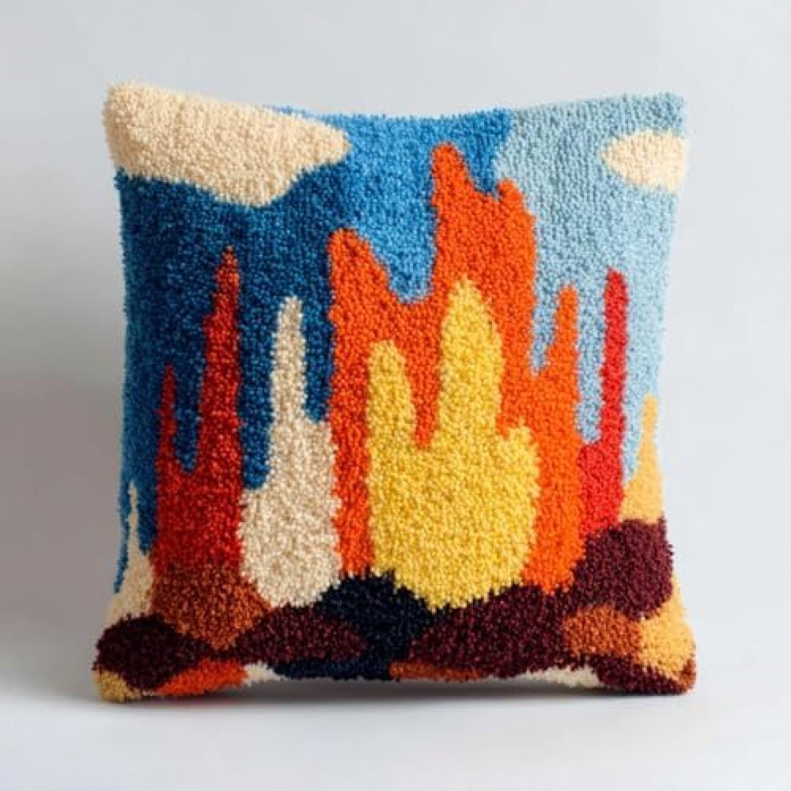 kitphoenix Latch Hook Pillow Cover Kit for Adults Beginners,Campfire Flying Embers,DIY Cushion Cover Craft Set with Pre-Printed Canvas,Yarn and Crochet Hook