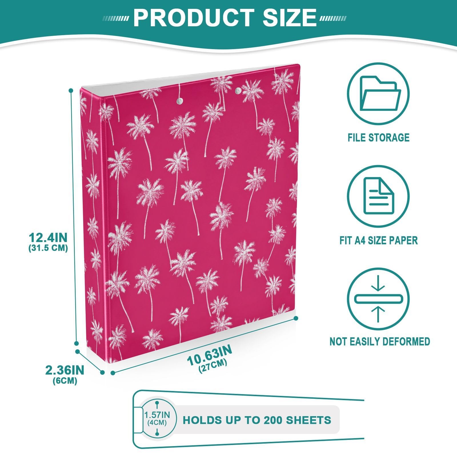 Kcldeci Raccoglitore a 3 anelli con copertina rigida, motivo palme su rosa, 3,8 cm, 200 fogli, per ufficio, casa, rientro a scuola, confezione da 2