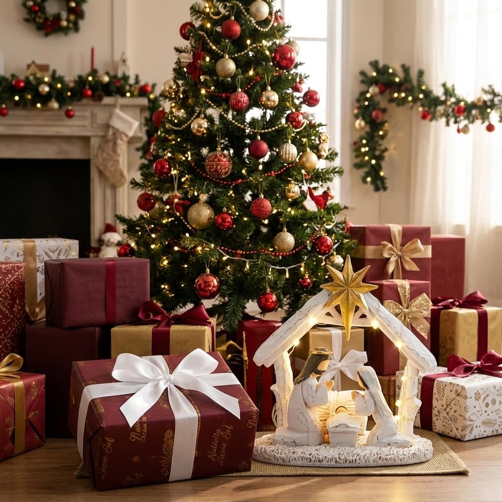 Crèche de Noël avec lumières, Figurine sculptée Peinte à la Main – Décoration de première Histoire de Noël, mangeoire de Vacances, crèche de Noël pour décoration d'intérieur, Table