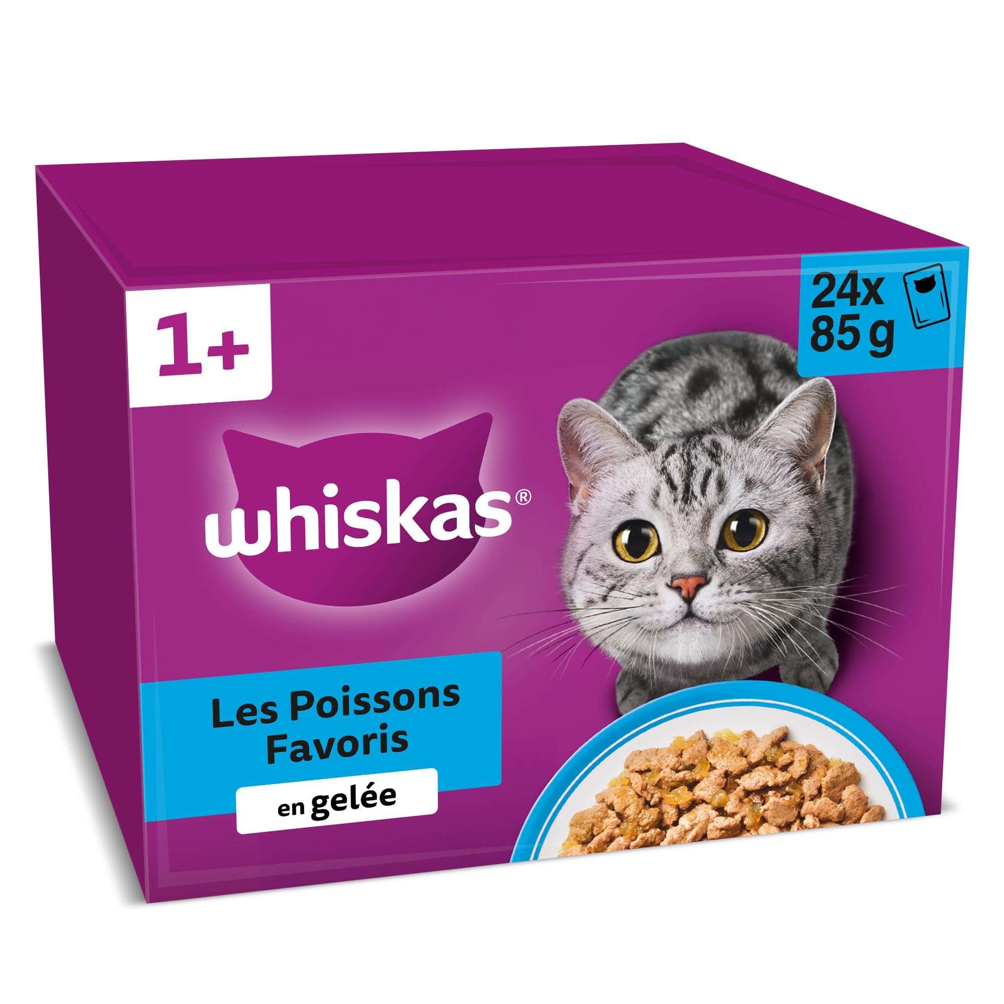 WHISKAS Aliment humide en gelée Chat adulte 24x85g Les Poissons Favoris (Lot de 2) 48 Sachets