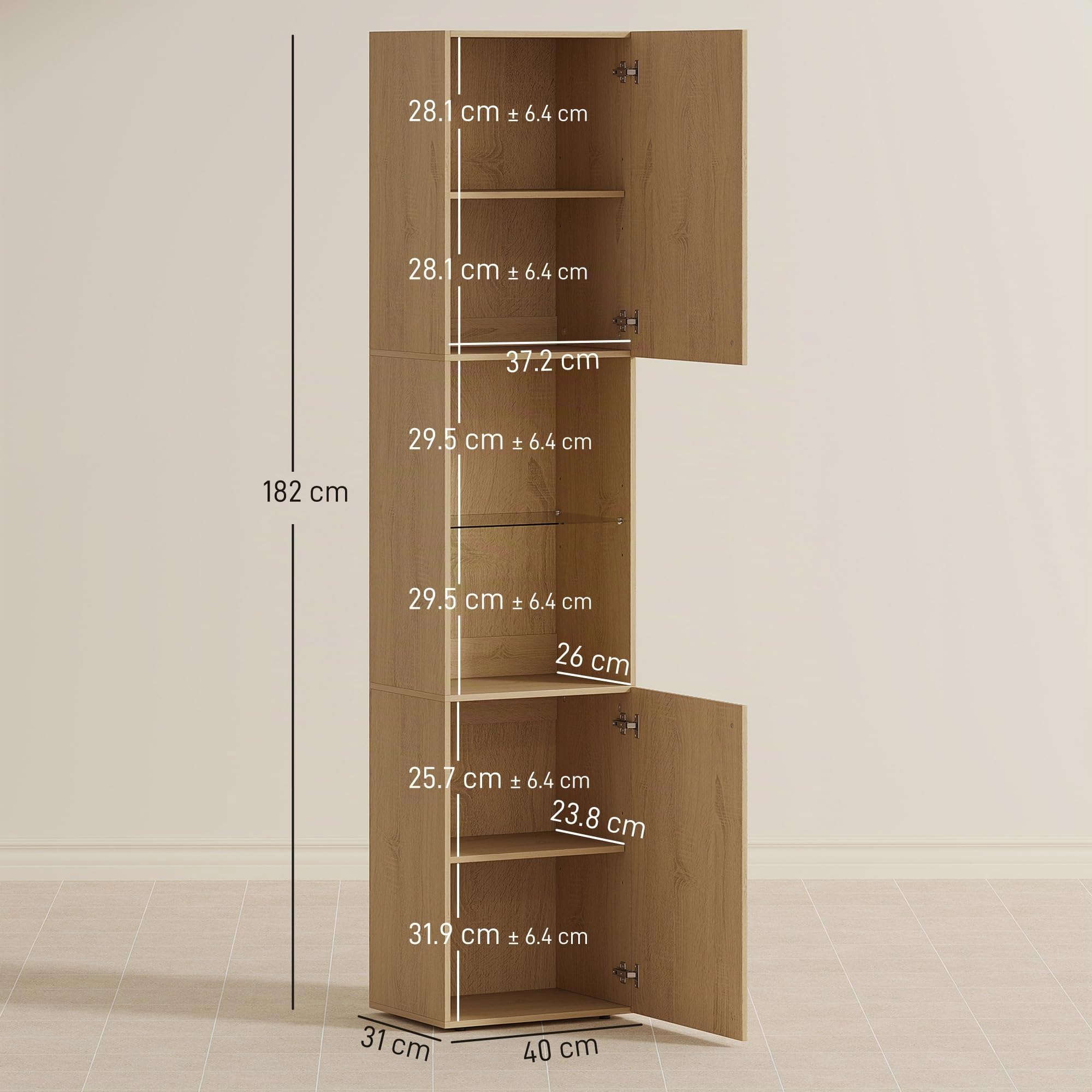 HOMCOM Colonna da Bagno Mobile Bagno Slim 6 Ripiani 40x31x182cm Rovere | 2 Ante, Scomparti Aperti, Ripiano in Vetro Temperato, Ripiani Regolabili, per Toilette e Piccoli Spazi