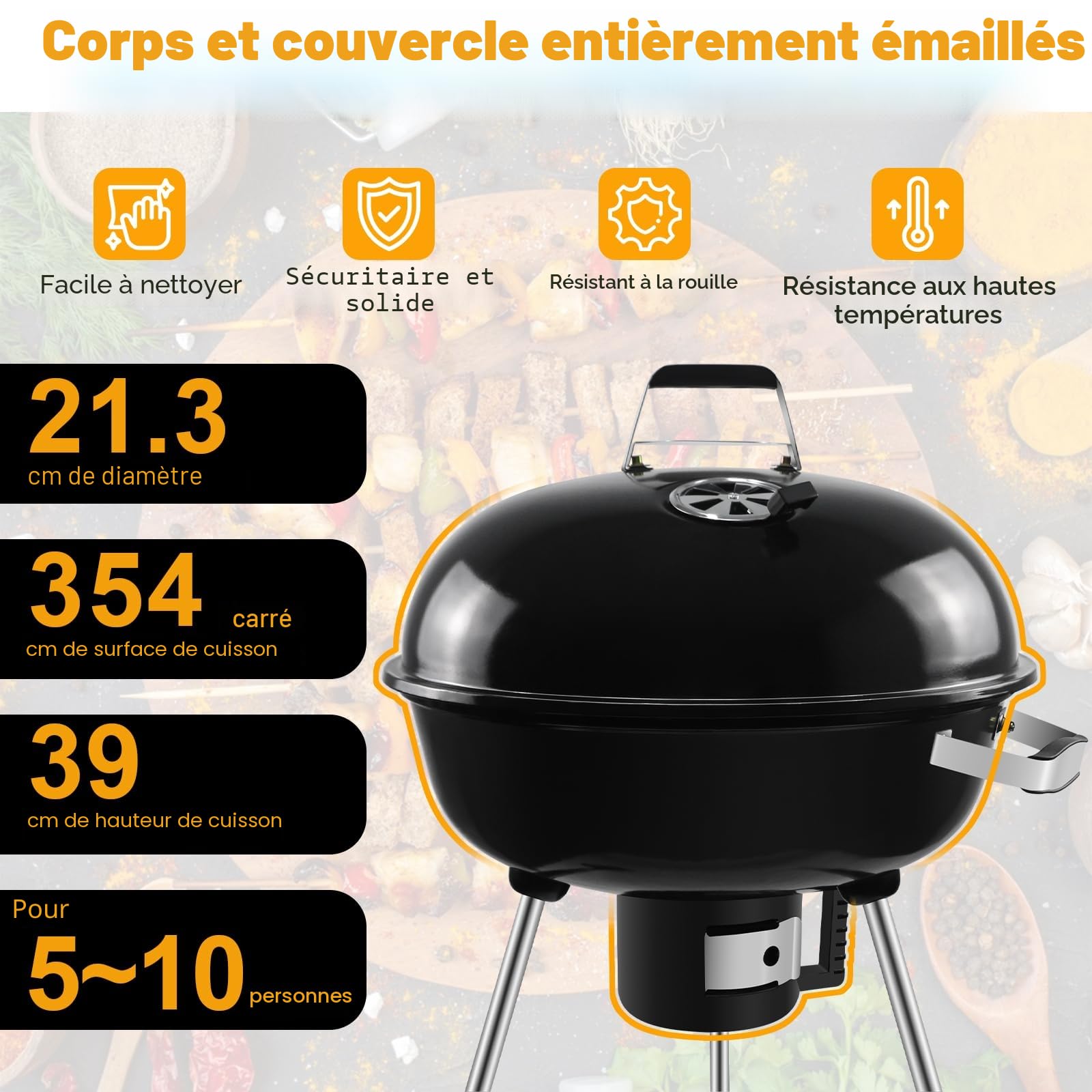 Barbecue Charbon Rond avec Couvercle et Roues - Grande taille | BBQ Portable, Pour Jardin Camping Balcon