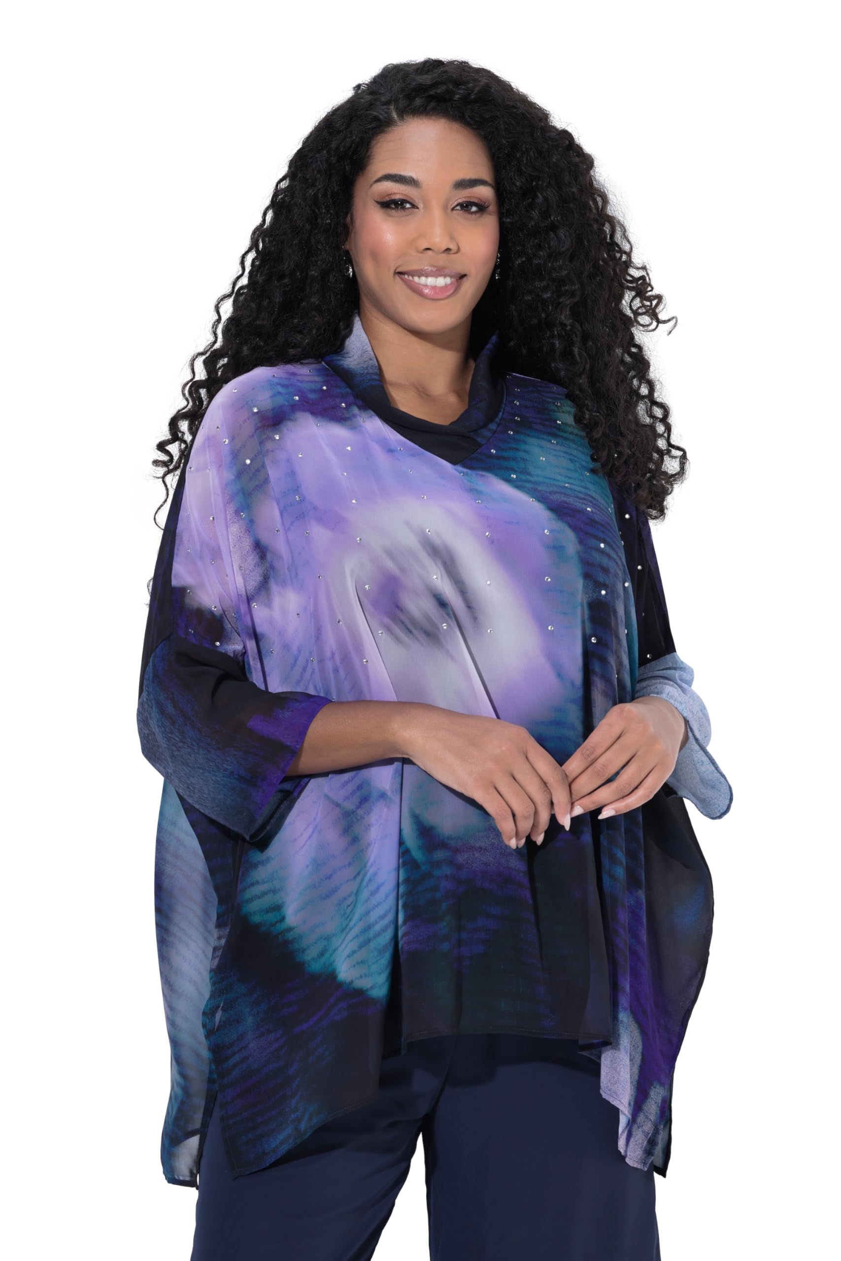 Ulla Popken Damen große Größen Übergrößen Plus Size Chiffon-Tunika, doppellagig, Schalkragen, 3/4-Arm 844369