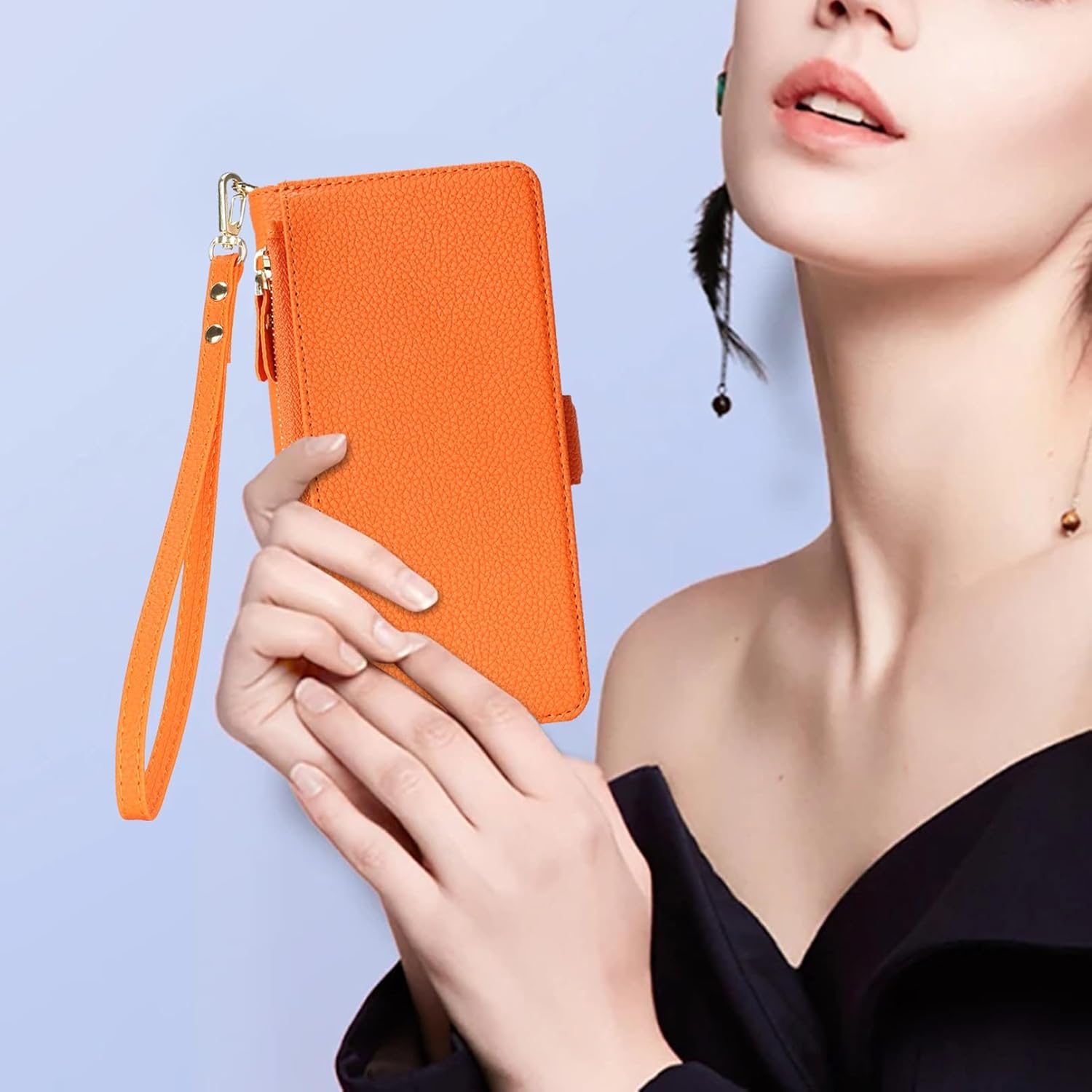 Jaorty for iPhone 11 Detachable Wallet Case, [Compatible with MagSafe] [Card Holder] [Zipper Pocket],2-in-1 PU Leather Flip Purse Kickstand Wrist Strap Magnetic Cover Men Women,Lichi Orange