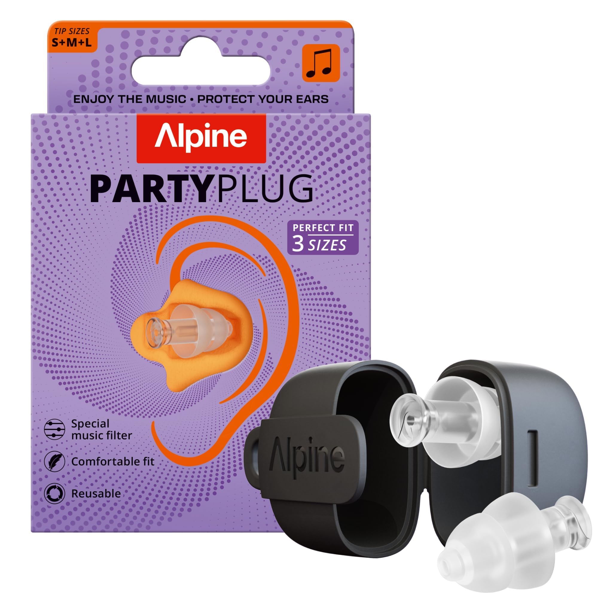 Alpine PartyPlug Ear Plugs for Concerts - New & Improved - 19dB Noise Reduction - Festival Essential Hearing Protection - Reusable Earplugs for Music, Concerts & Raves - 3 Tip Sizes - Transparent