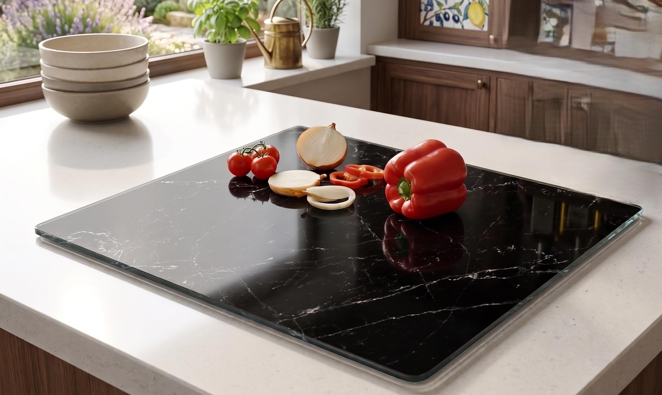 Biznest Large Tempered Glass Cutting Plate Black Marble Effect 5 Mm Thick Anti-Slip Elastic Dishwasher Safe Worktop Surface Protection Rectangular Chopping Board 60 X 40 Cm