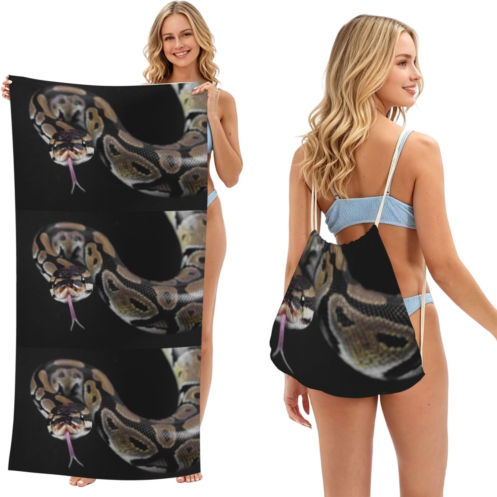 Poadnly As Picture Python Snake, 2 In 1 Packable Towel Bag, Beach Towels With Drawstring Backpack For Travel Holiday Camping