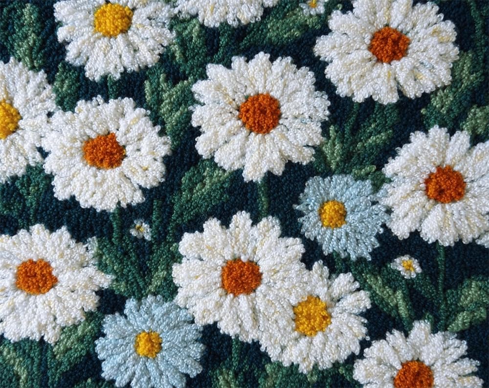 Kitquiver Rug Kits for Adults Latch Hook Pre Printed White Daisy DIY Crafts Crochet Yarn Handmade Embroidery with Printed Canvas Needlework for Home Decor 23X35In
