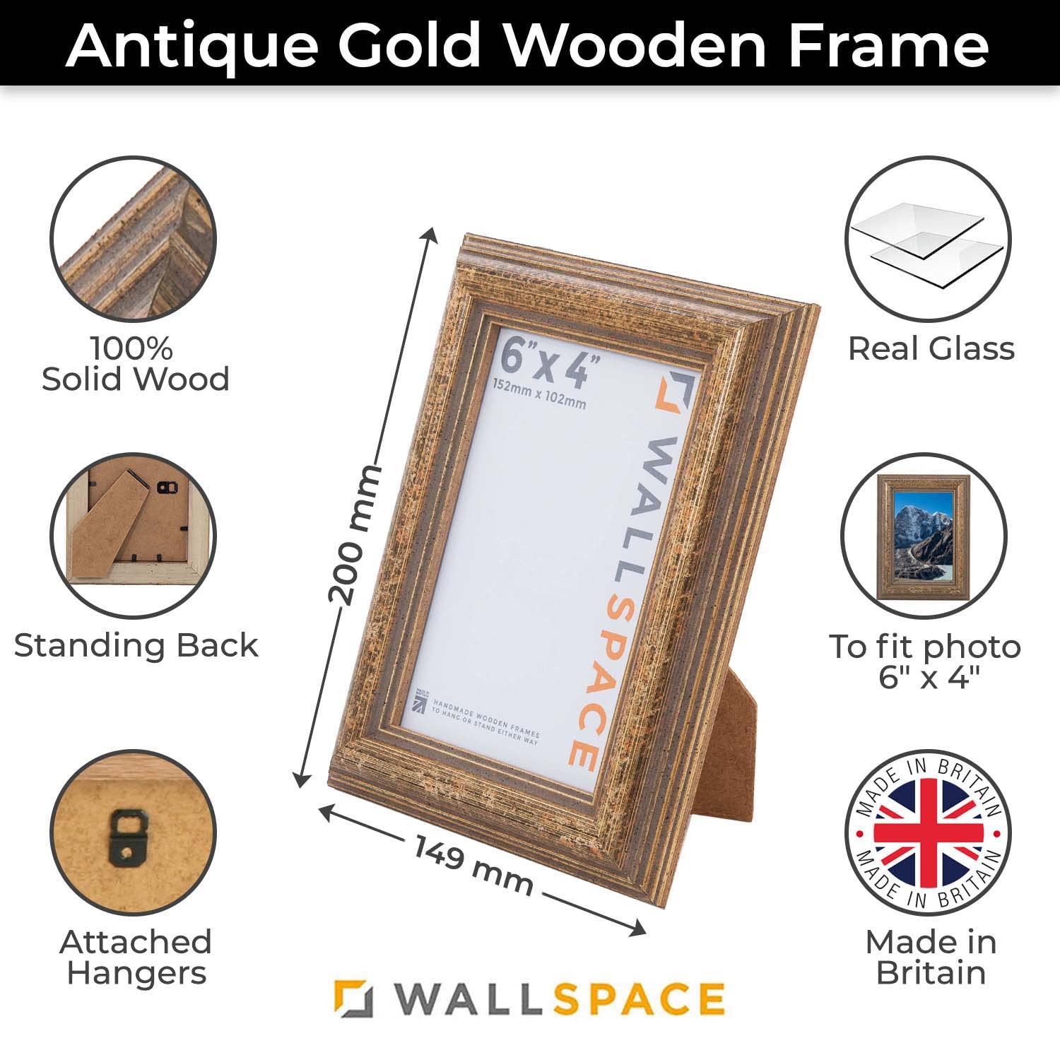 Wall Space Antique 6x4 Gold Picture Frame, Antique Gold - Image 2