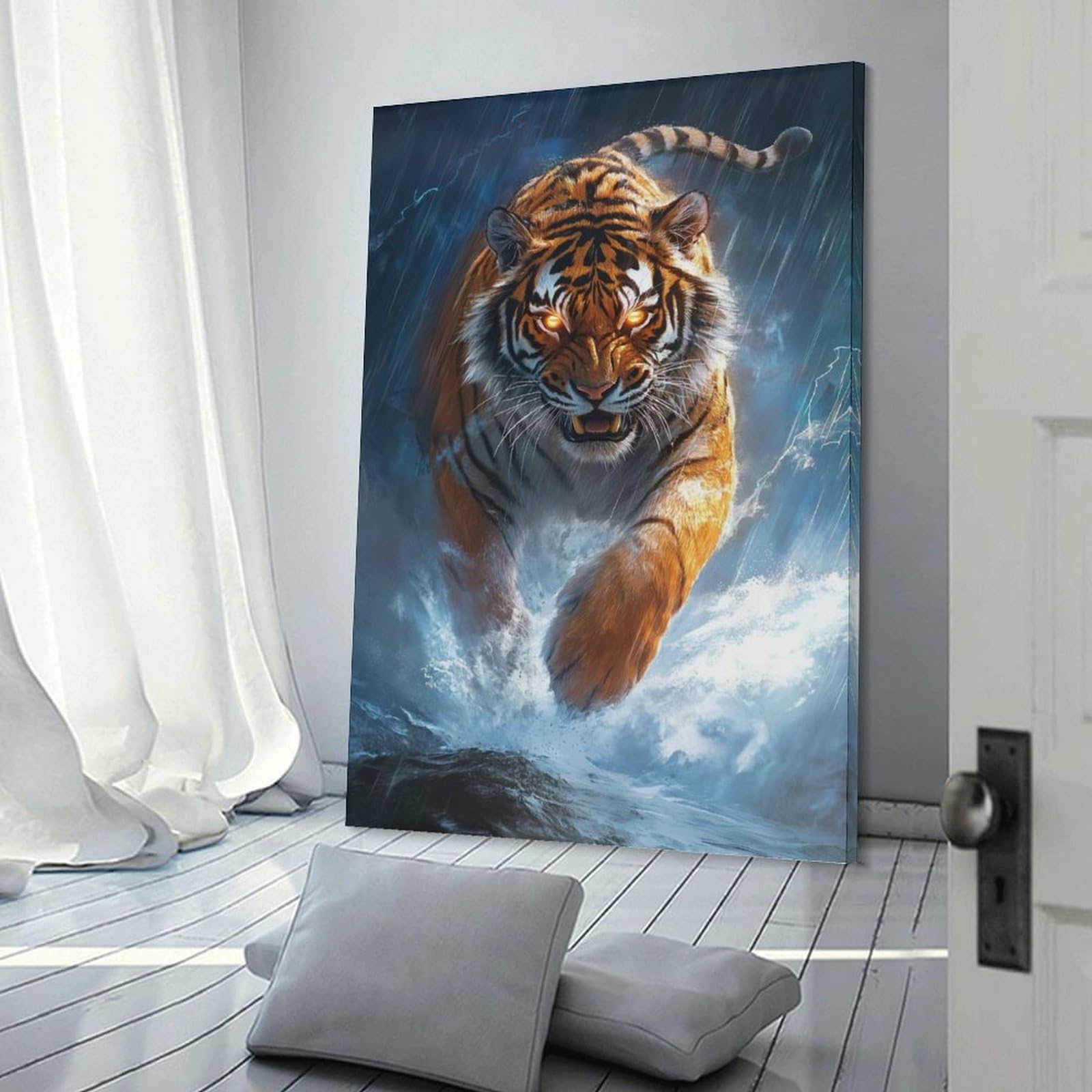Junmoney Frame-Style-18 Tiger In Storm Wall Picture Print, 24X36inch(60X90cm), For New Homes, Bedrooms Or Workspaces, Thoughtful Wall Decor For Art Lovers