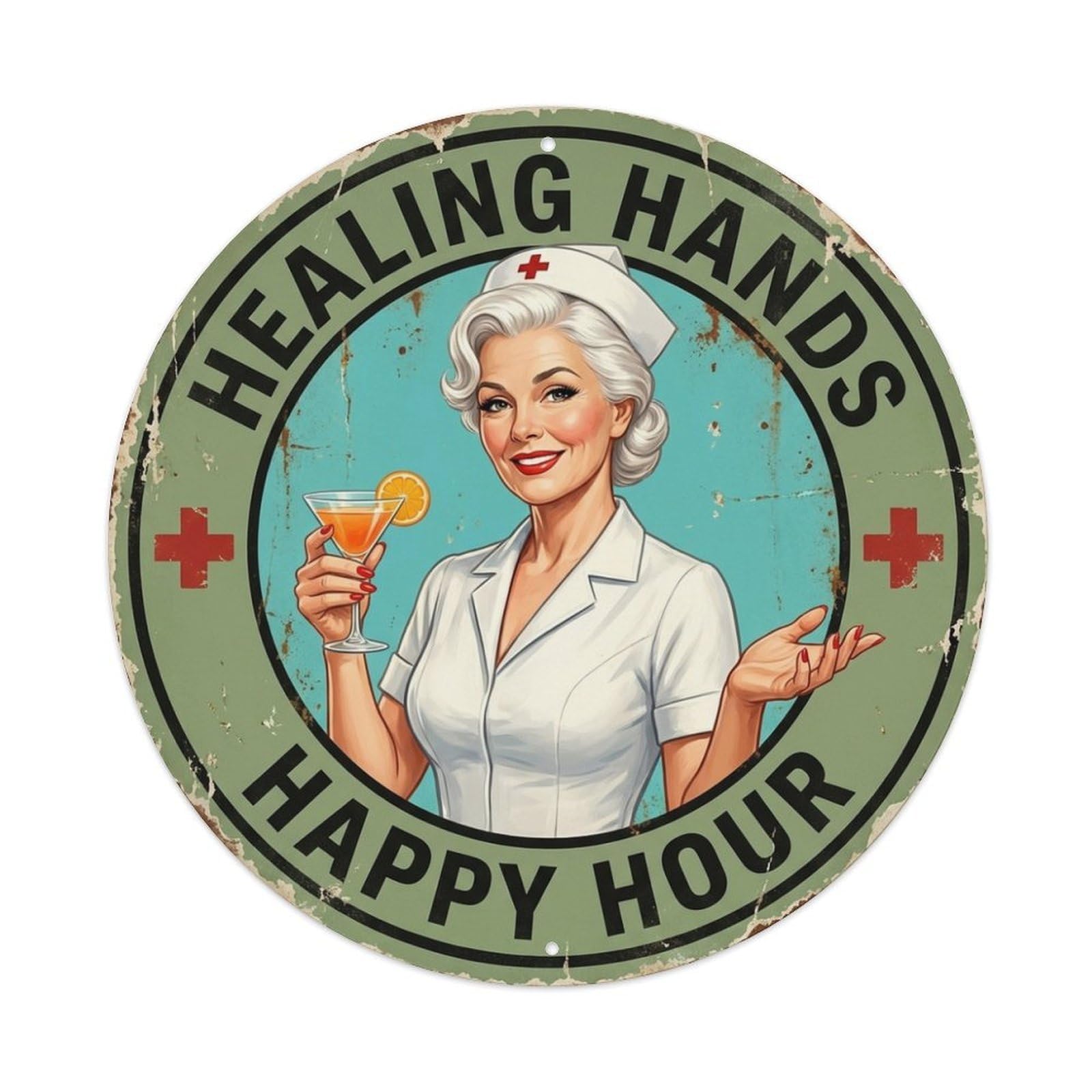 Healing Hands Happy Hour Nurse Wine Glass Quote Metal Tin Sign