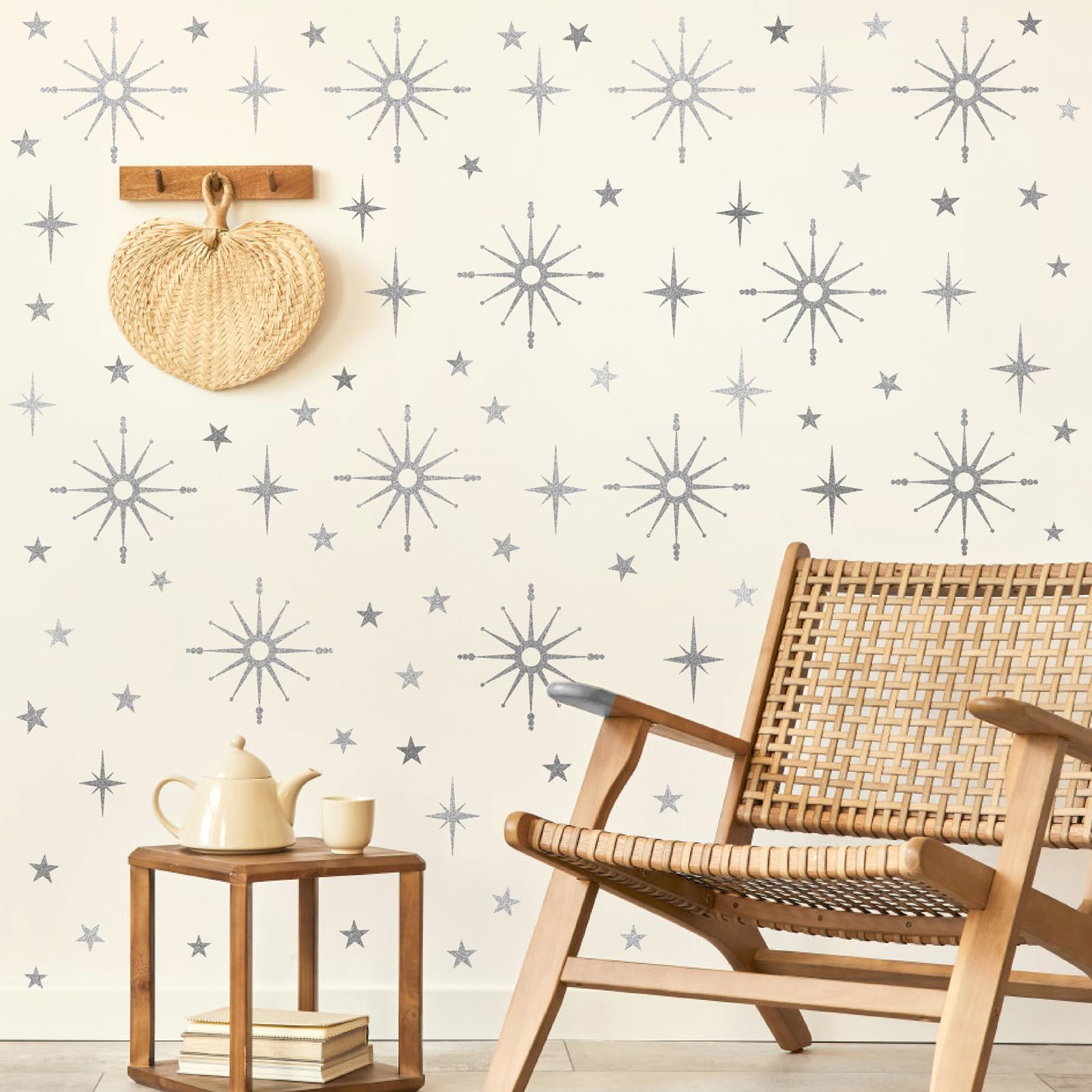 Silver Star Wall Stickers Retro Starburst Wall Decals Peel and Stick for Bedroom Living Room Decor Ceiling Stars Atomic Mid Century Wall Art Murals Modern Viny Wall Decal for Nursery Kids Room - Image 3