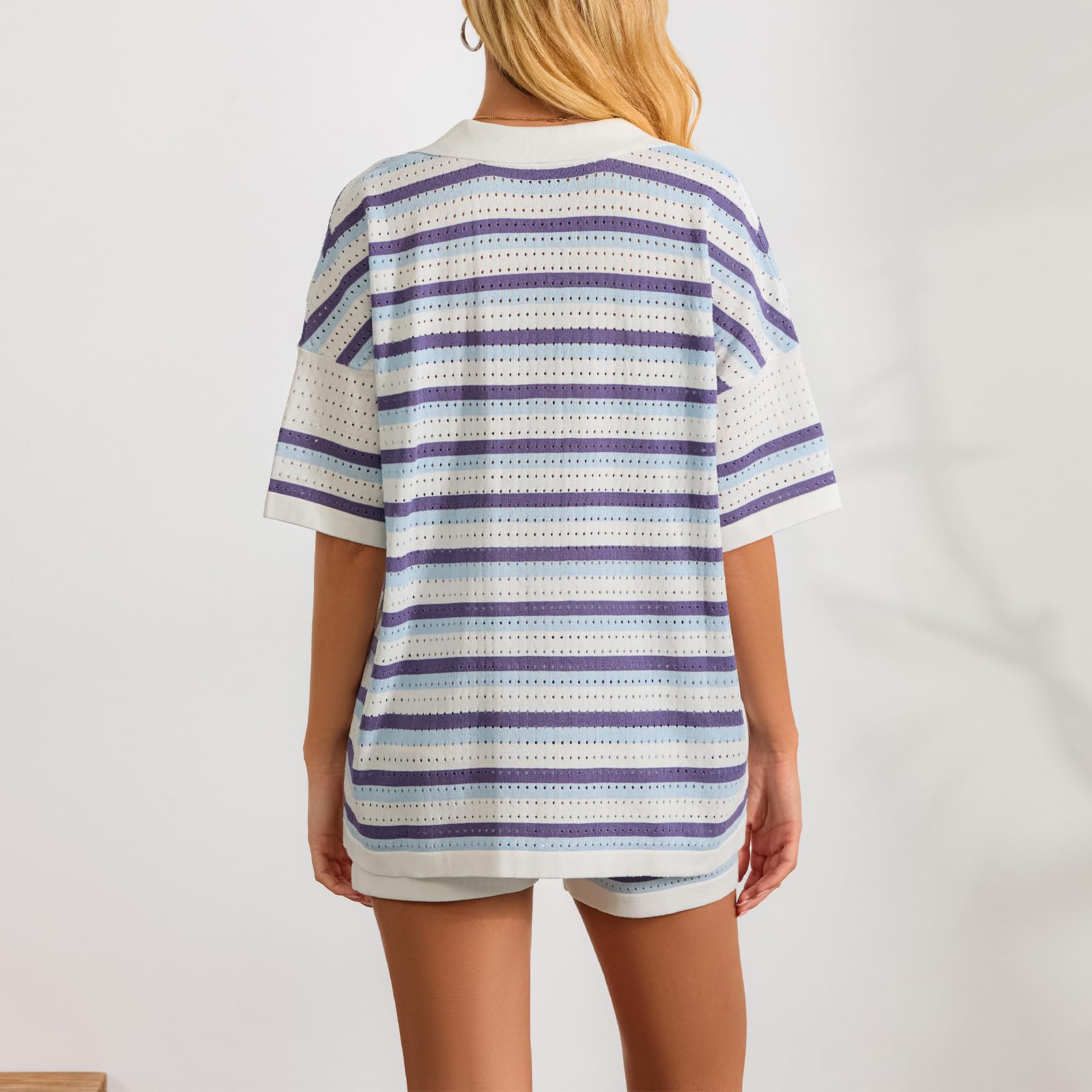 Set corto da donna a righe all'uncinetto in 2 pezzi abiti estivi camicie a maniche corte con bottoni top e pantaloncini lavorati a maglia set da salotto abbinati moda Y2K Streetwear