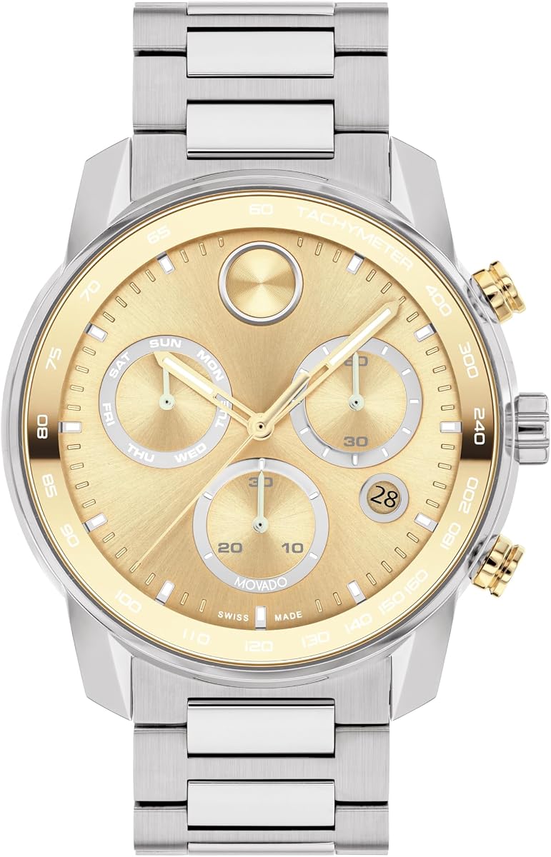 Reloj deportivo Movado Bold Verso para hombre - Movimiento cronógrafo de cuarzo suizo, pulsera de eslabones de acero inoxidable - Resistencia al agua hasta 5 ATM - Reloj de moda de lujo para él - 44 mm